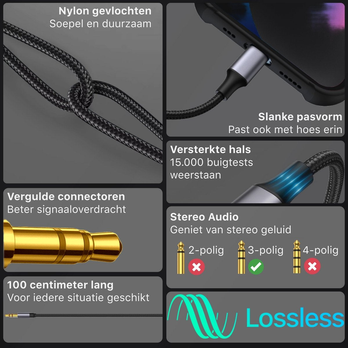 De afbeelding toont een zwarte kabel met tekstlabels. Het benadrukt functies zoals nylonvlechtwerk, gouden connectoren en stereo audio compatibiliteit.