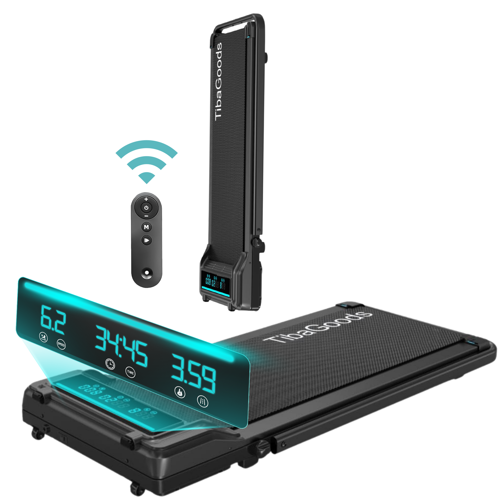 Ein schwarzes Laufband mit digitaler Anzeige für Geschwindigkeit, Zeit und Distanz. Enthält auch Fernbedienung und WLAN-Signal.