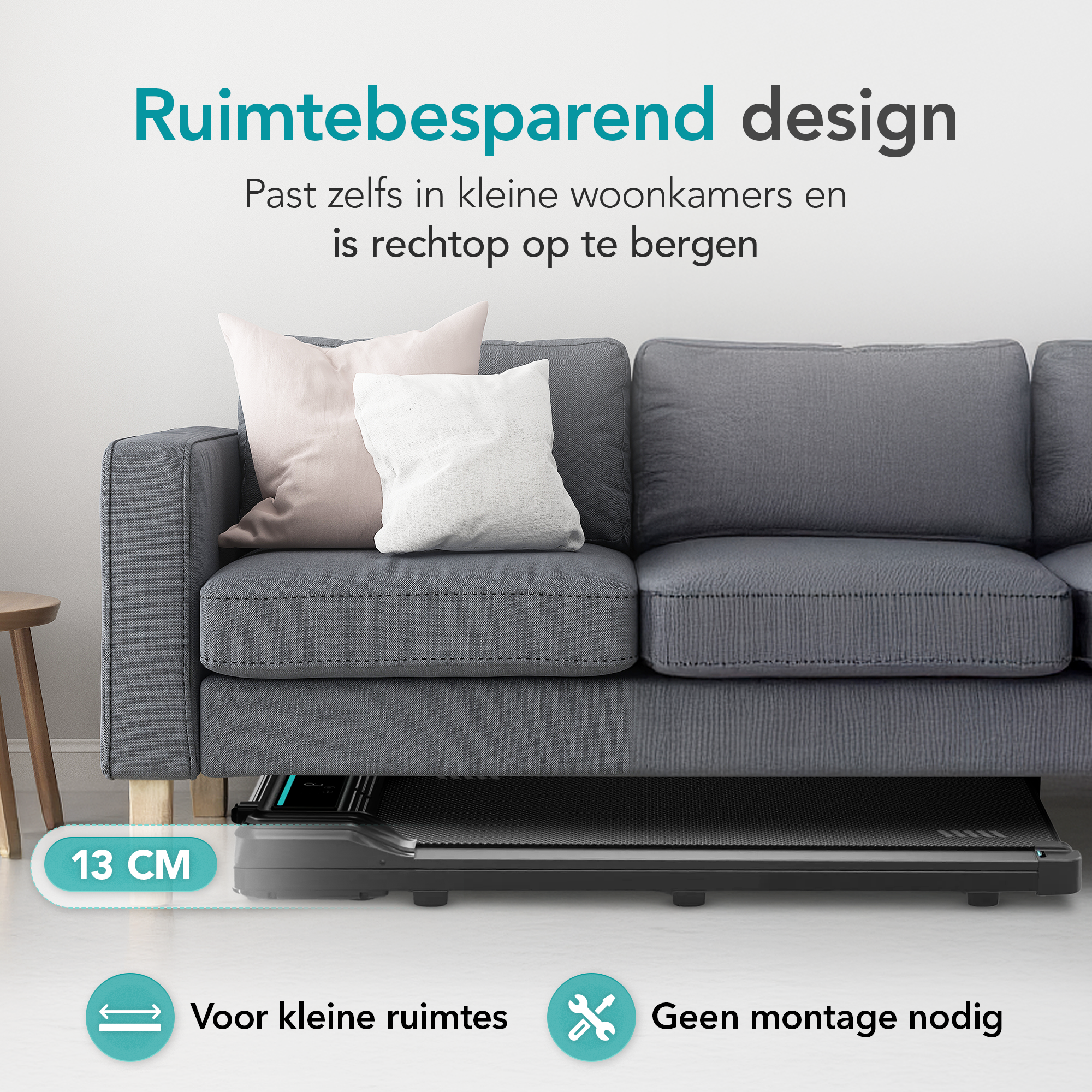 A gray sofa with pillows. Underneath is a black device with a measurement of 13 CM. Text: Space-saving design.