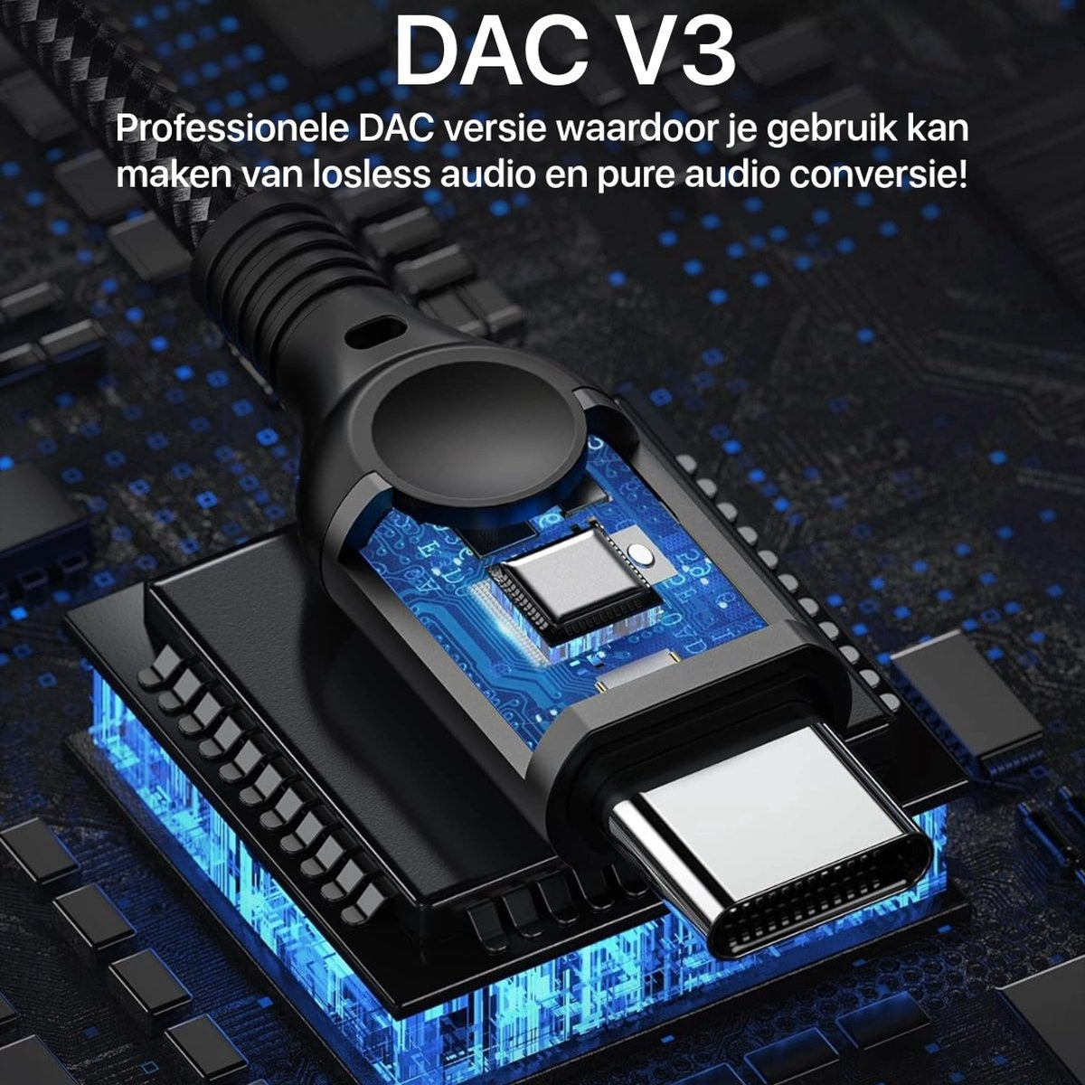 Zwarte DAC V3 audiokabel, met tekst. De kabel heeft een USB-C connector. Blauw circuitbord op de achtergrond.