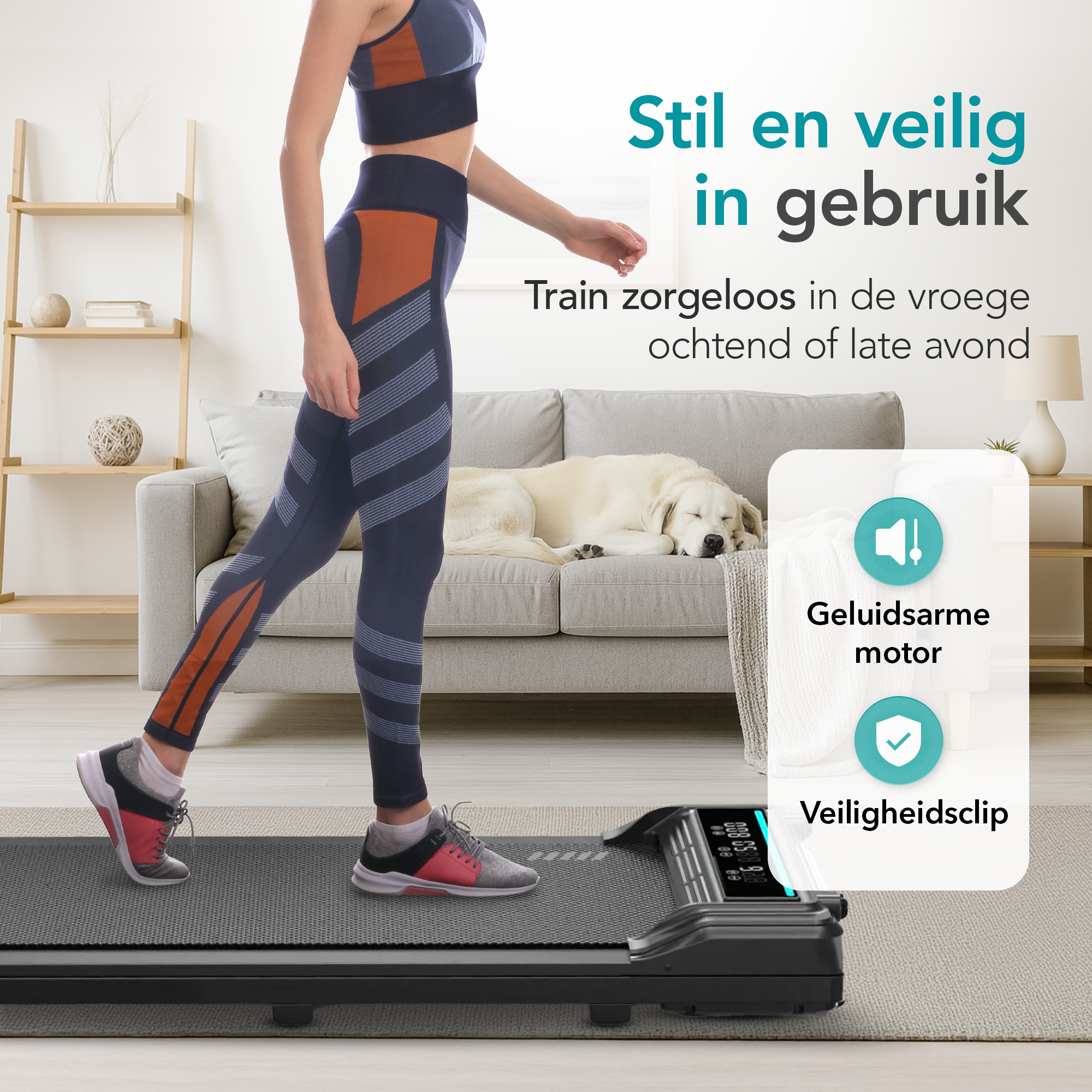 Woman in athletic wear walks on a treadmill indoors. A dog sleeps on a couch in the background. Text overlay: safe to use.