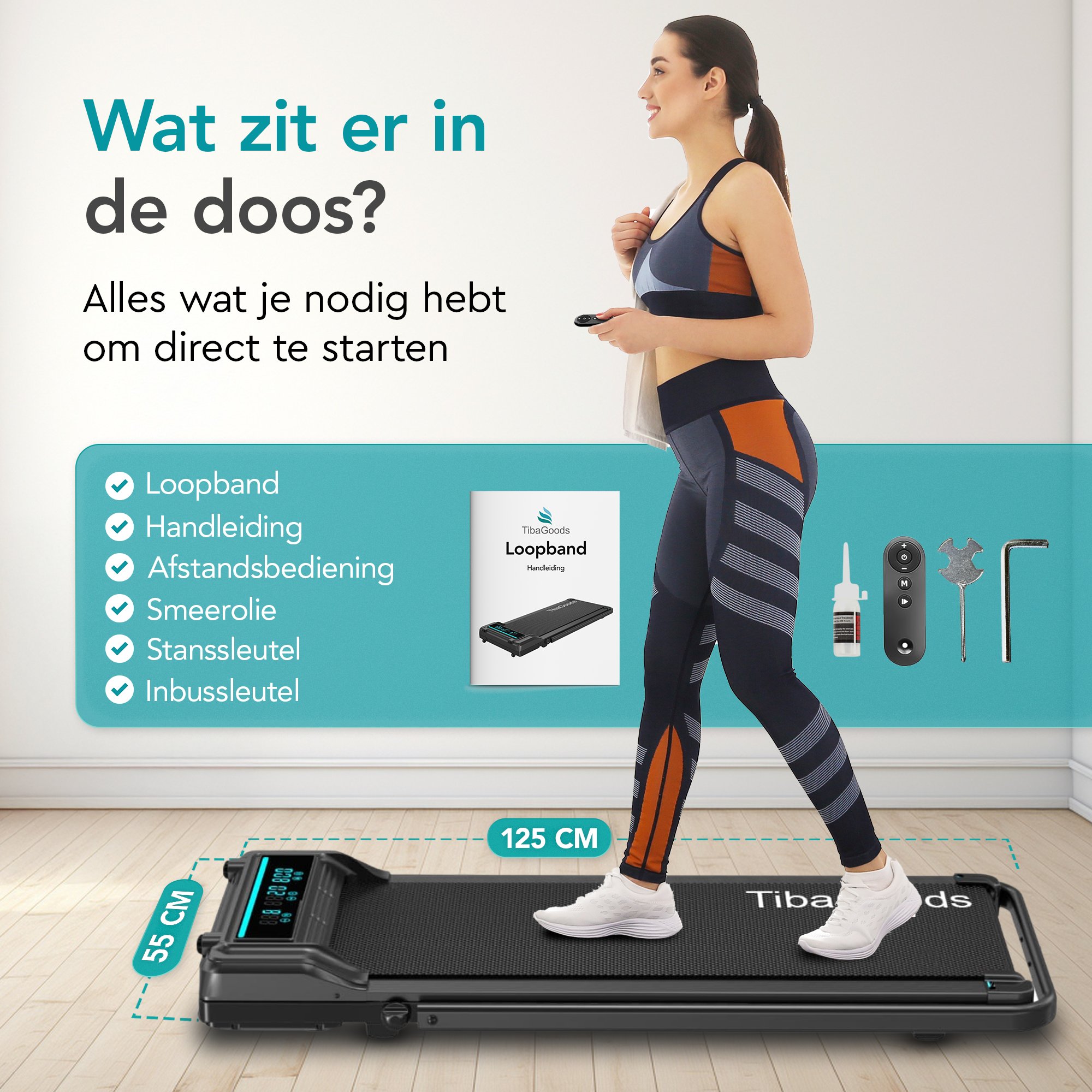 Woman walking on a treadmill. Accessories: remote control, lubricant, wrench, and manual. Text: 'What's in the box?'