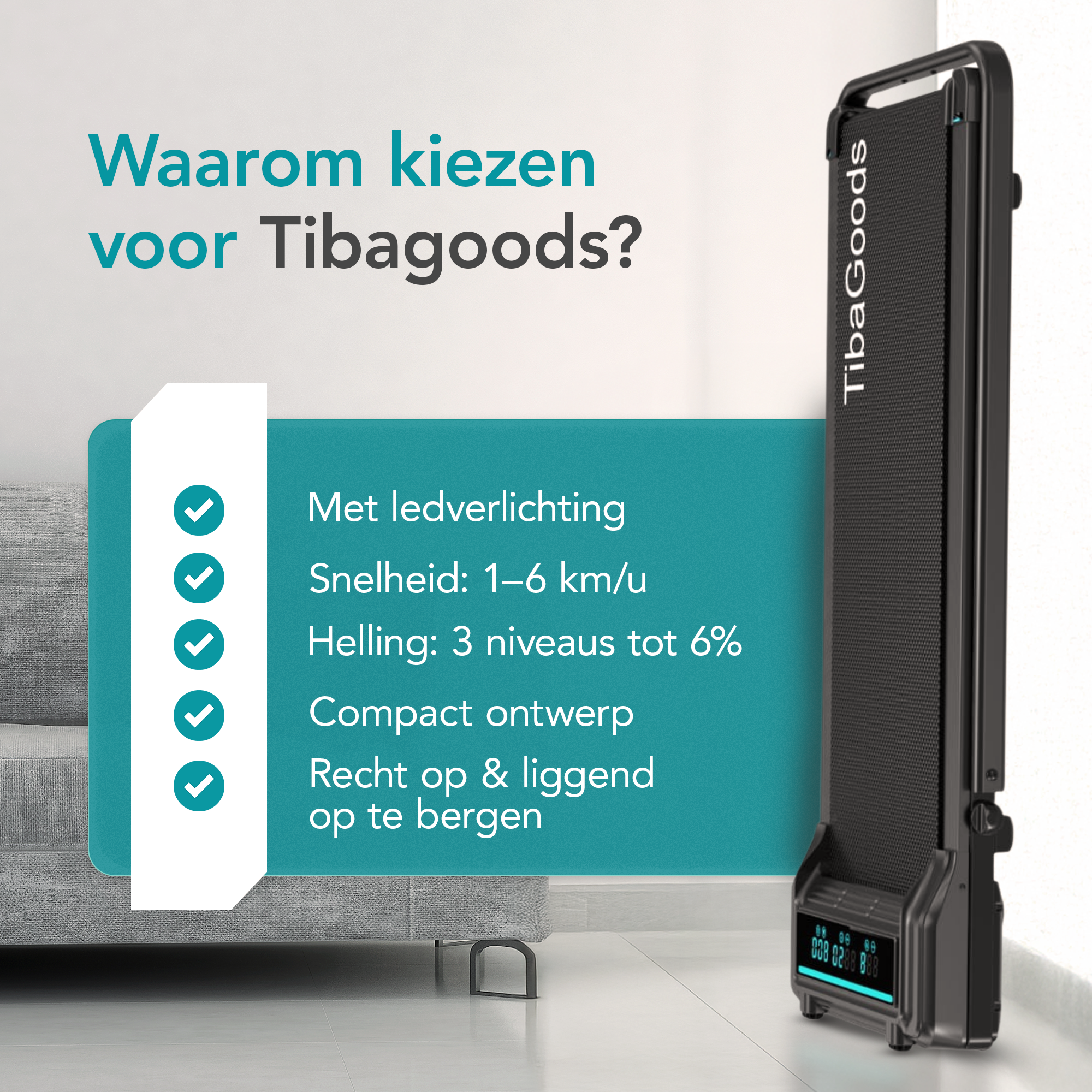 A black and gray treadmill stands next to a teal info graphic with text on a white background. The brand name is TibaGoods.