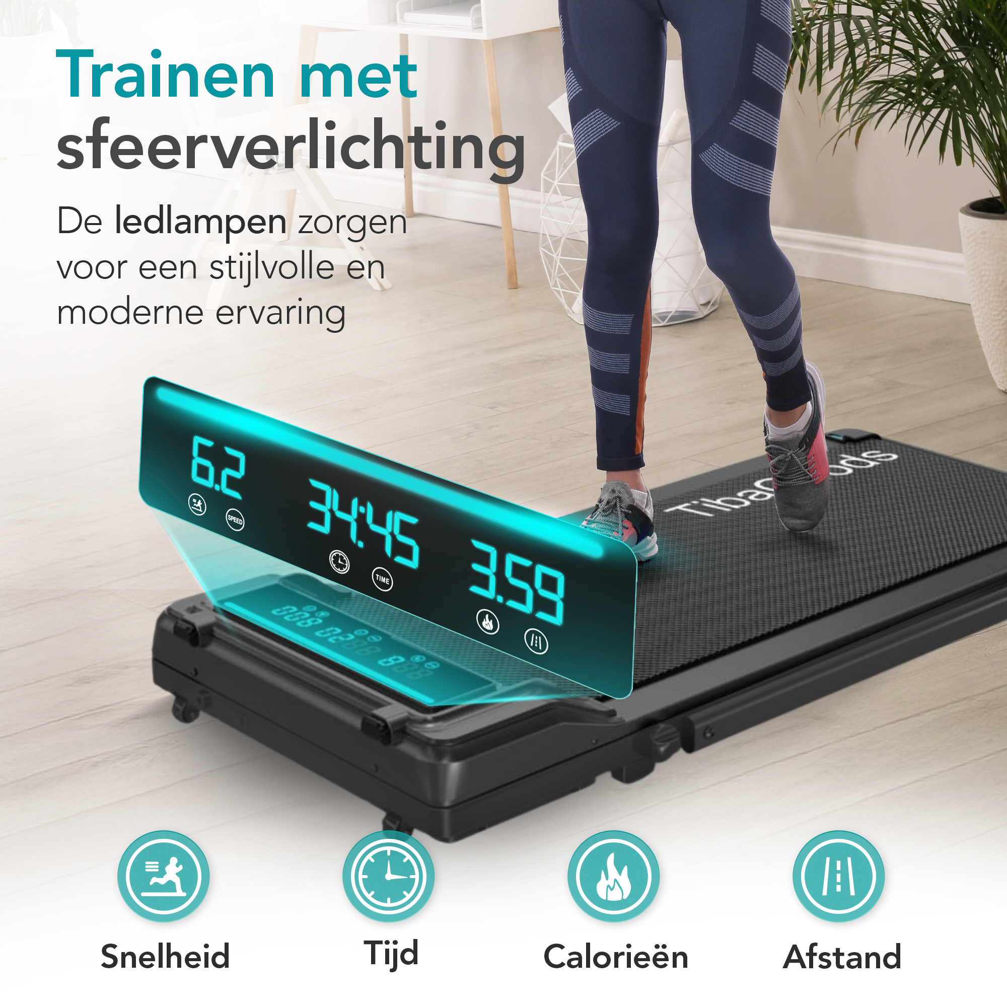 A person runs on a treadmill. The display shows speed, time, and distance. The treadmill is black and has a digital display.