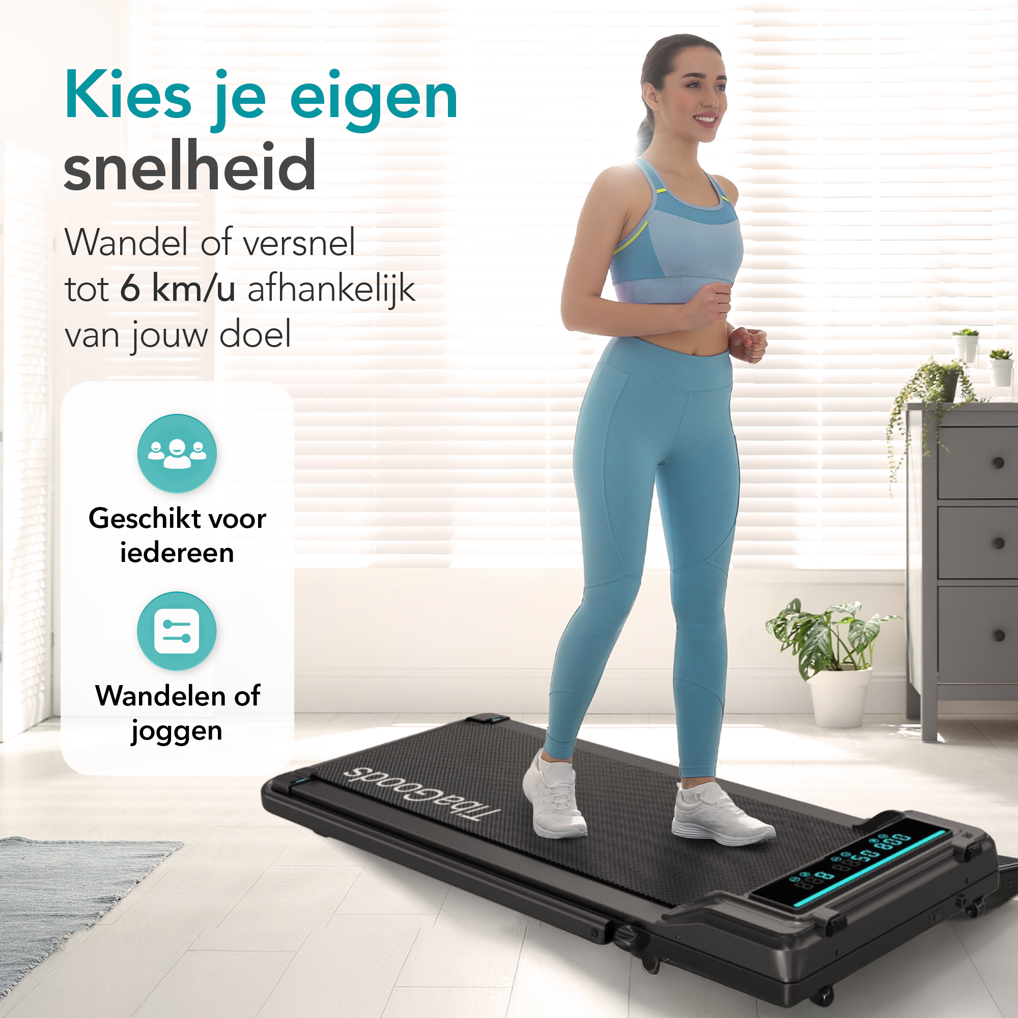 A woman runs on a treadmill. Text says 'Choose your own speed'. Background includes a window and a cabinet.