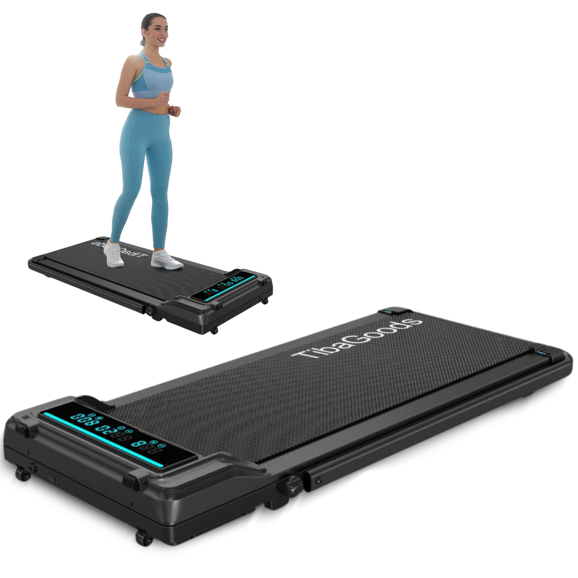 Woman in blue workout clothes runs on a black TibaGoods treadmill. Another treadmill is in the foreground.