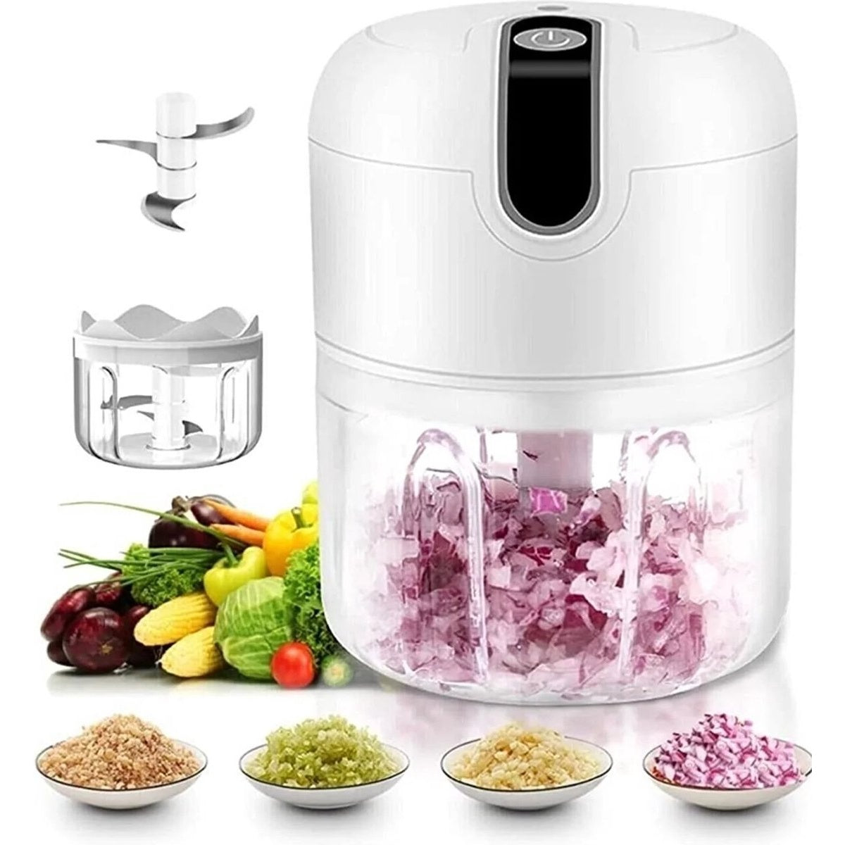 A white electric food chopper with a transparent container filled with chopped red onions. Beside it, bowls of chopped food and fresh vegetables.