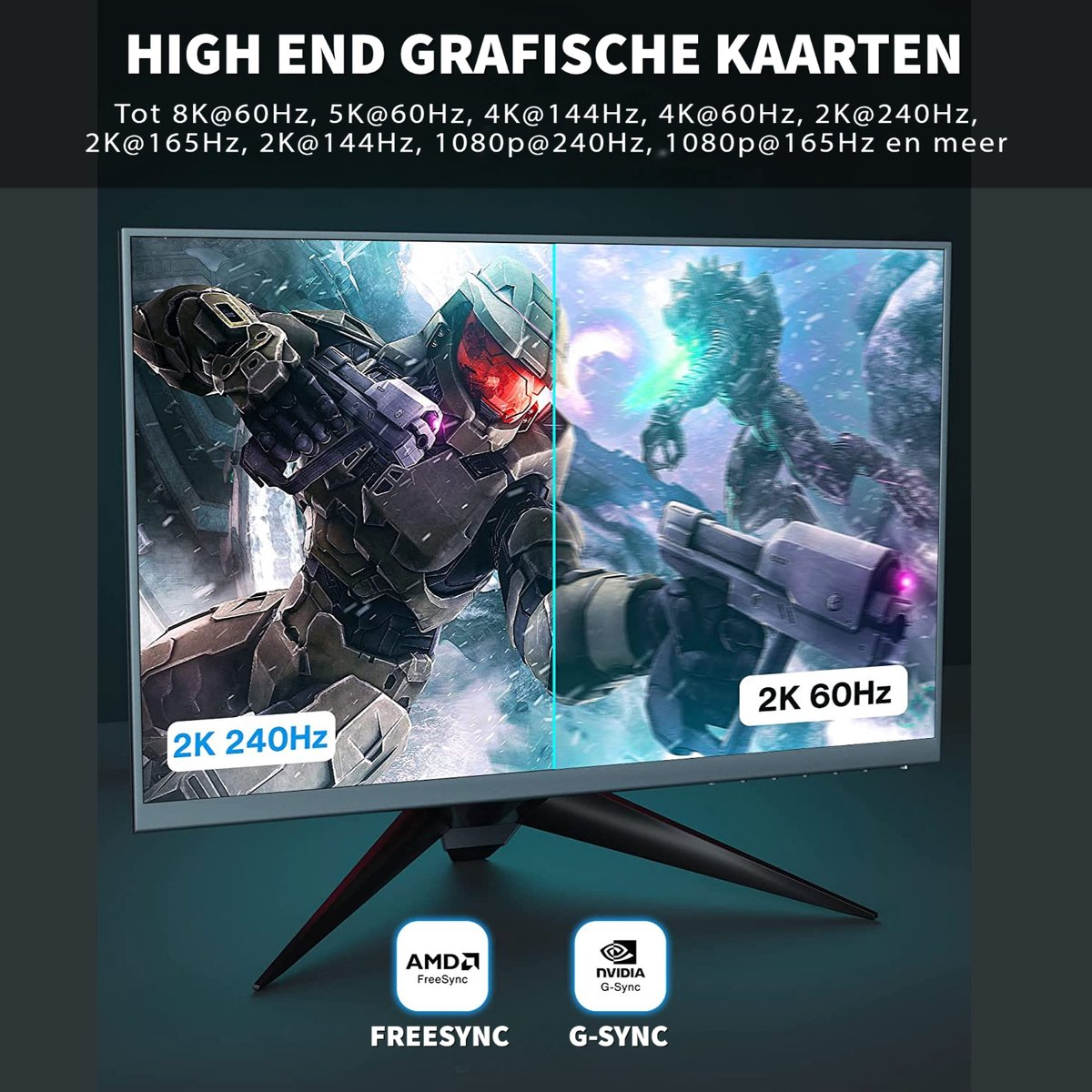 A monitor displays a game scene. It has a black stand and the text says '2K 240Hz' and '2K 60Hz'. Below are FreeSync and G-Sync logos.