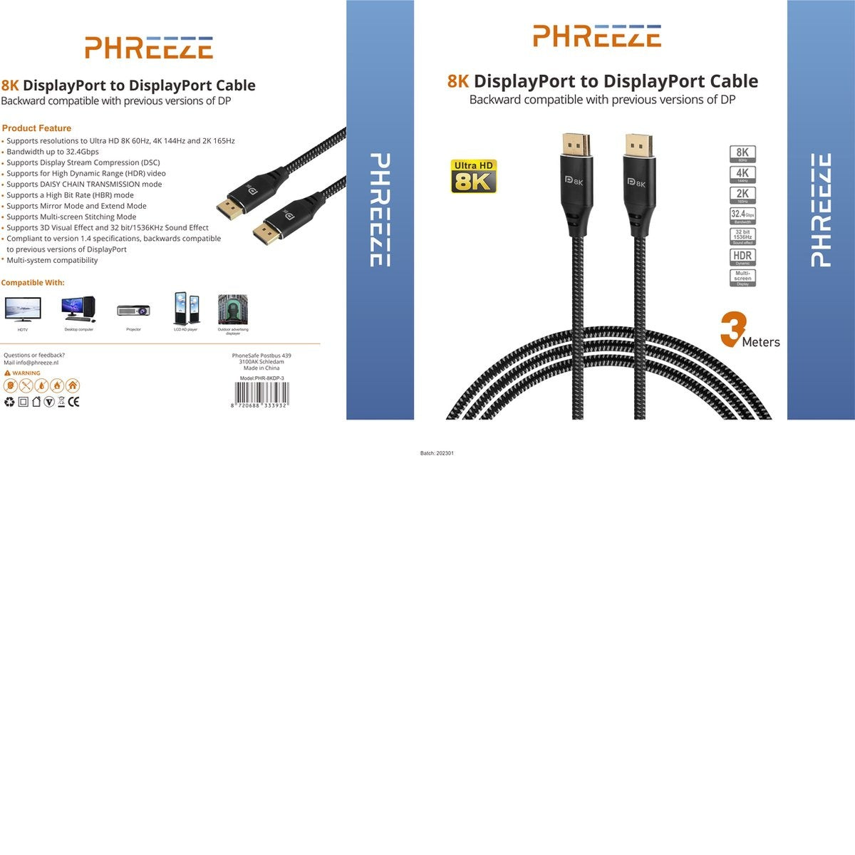A product image shows a black DisplayPort cable, with text about its features and compatibility.