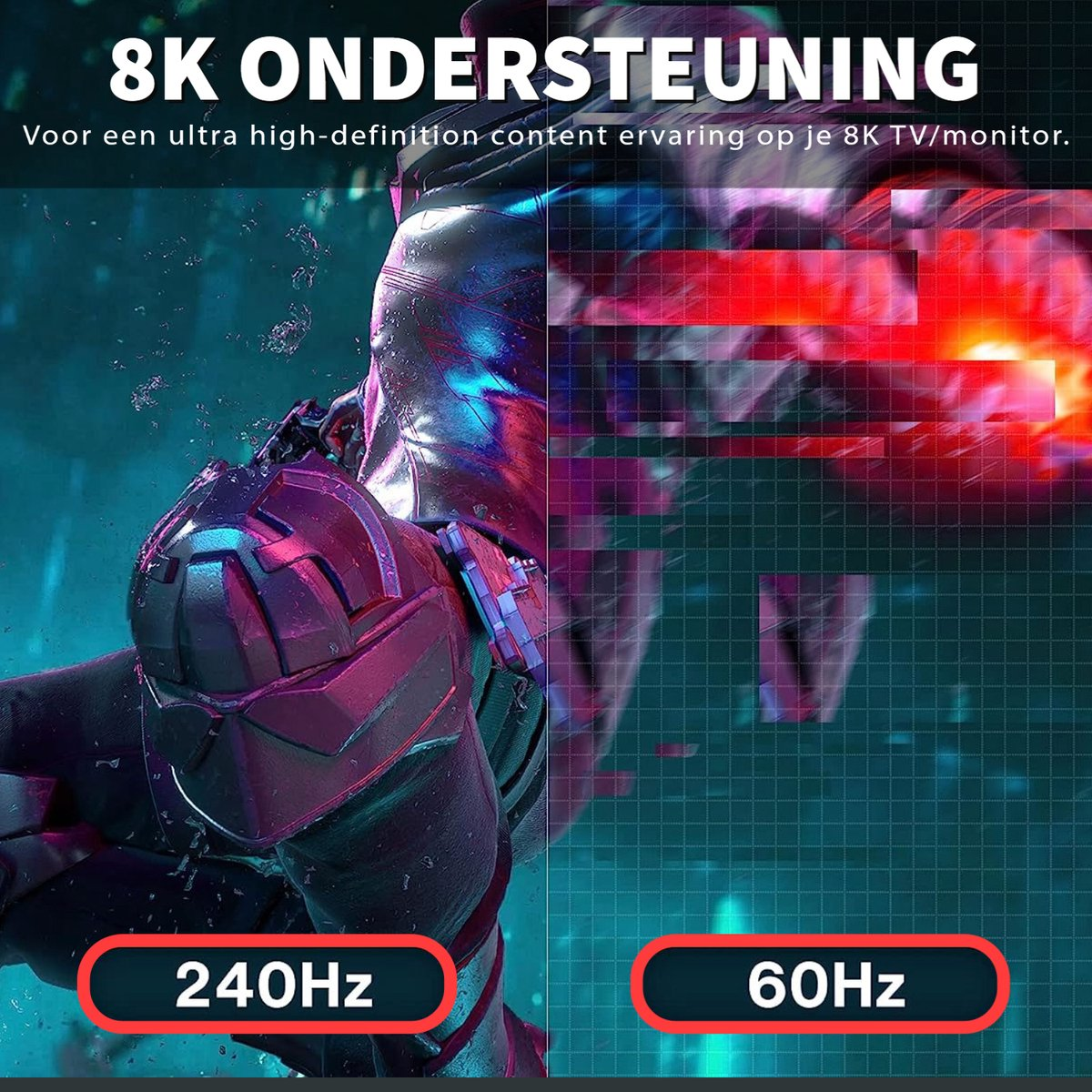 Image shows a futuristic figure. Text indicates 8K support, 240Hz and 60Hz refresh rates. The background has a grid overlay.