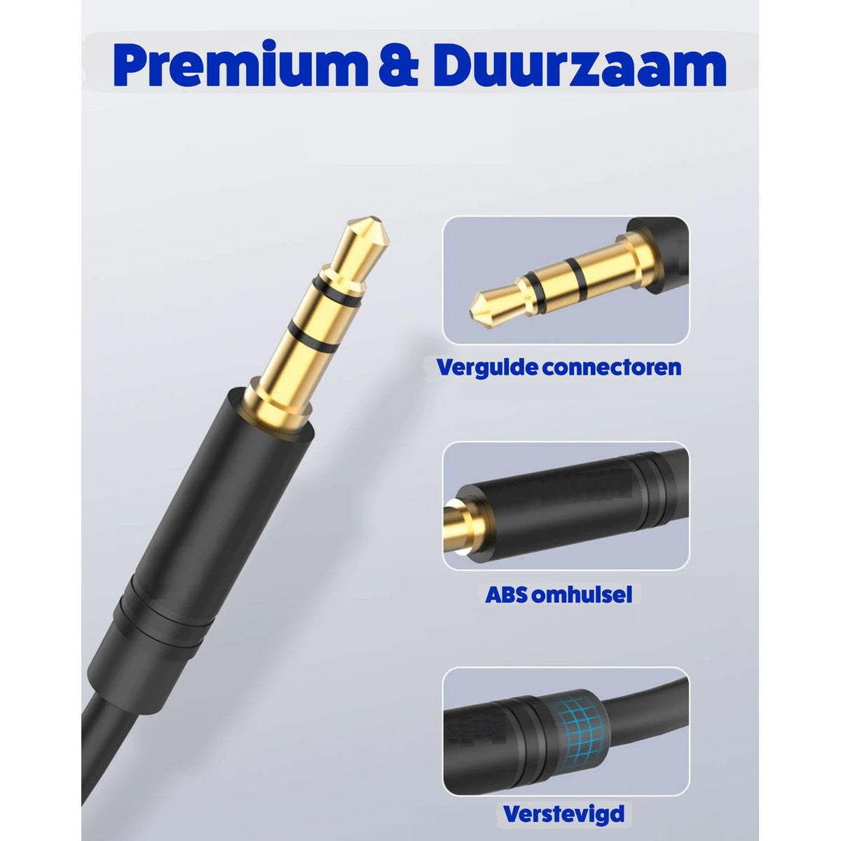 Een audiokabel met vergulde connectoren, zwarte kunststof behuizing en versterkt ontwerp wordt getoond tegen een lichte achtergrond.