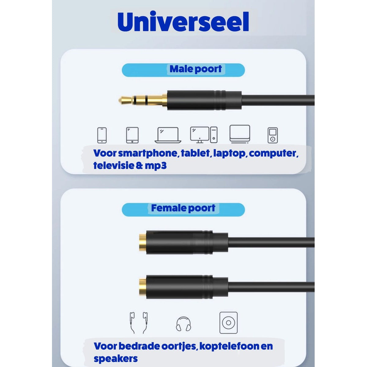 Diagram met mannelijke en vrouwelijke poorten van een audiokabel, met pictogrammen van apparaten zoals smartphones en koptelefoons.
