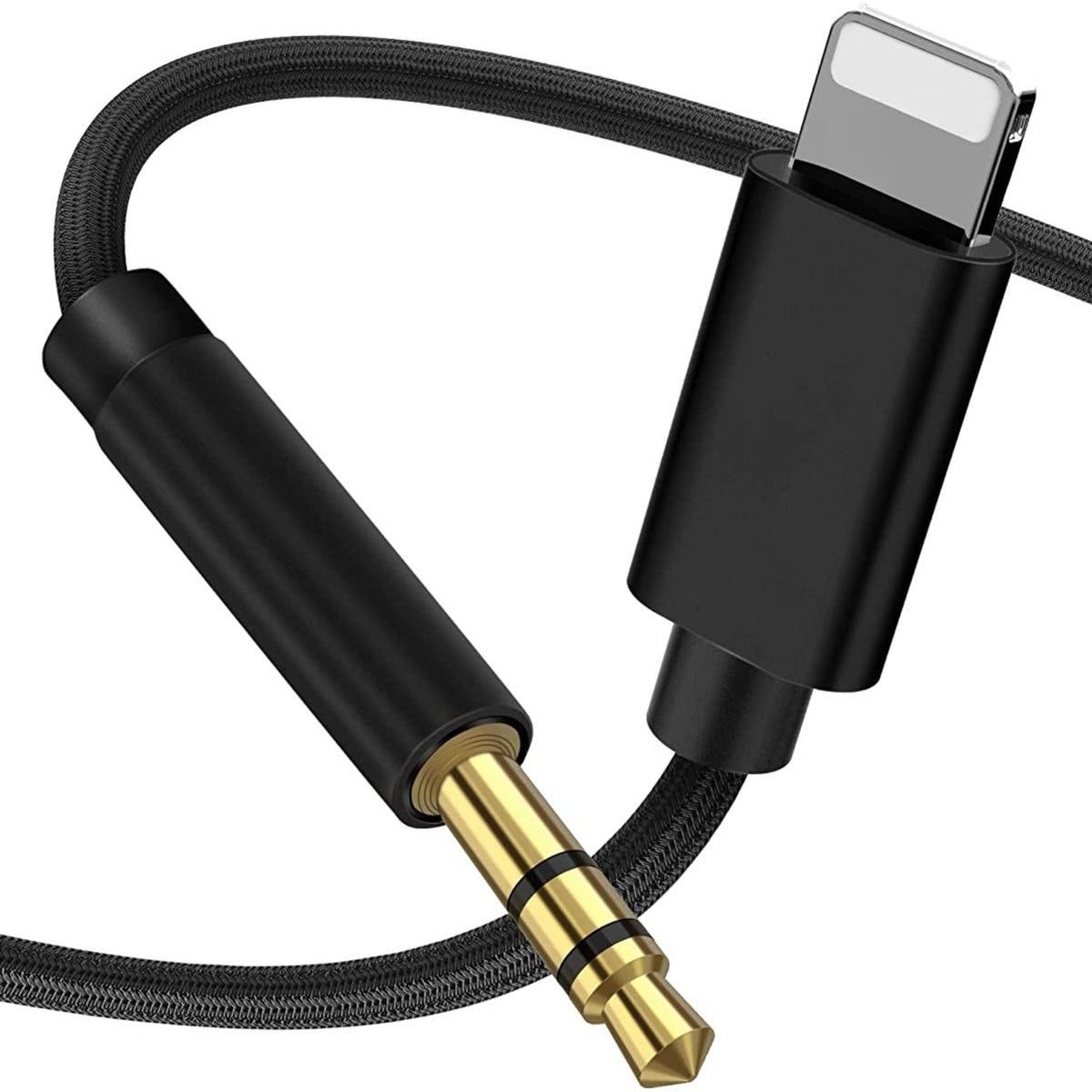 Een zwarte en gouden audiokabel met een Lightning-connector en een 3,5 mm-jack. De kabel is zwart en gevlochten.