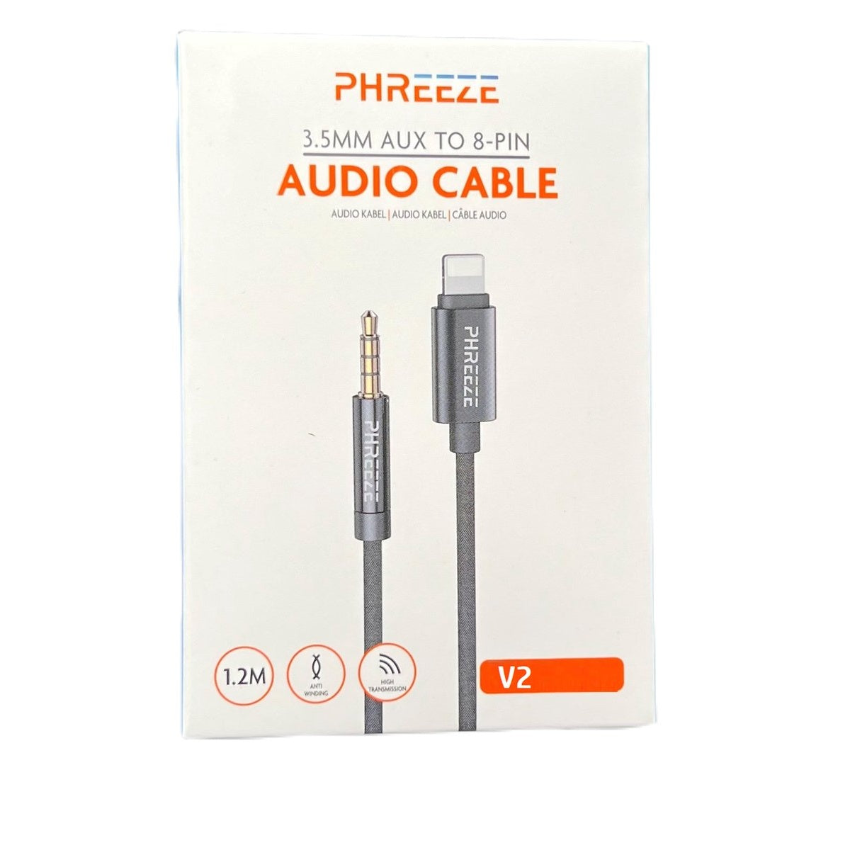 Een Phreeze audiokabeldoos. De doos heeft een 3,5 mm naar 8-pins audiokabel, met pictogrammen voor anti-wikkeling en hoge transmissie.