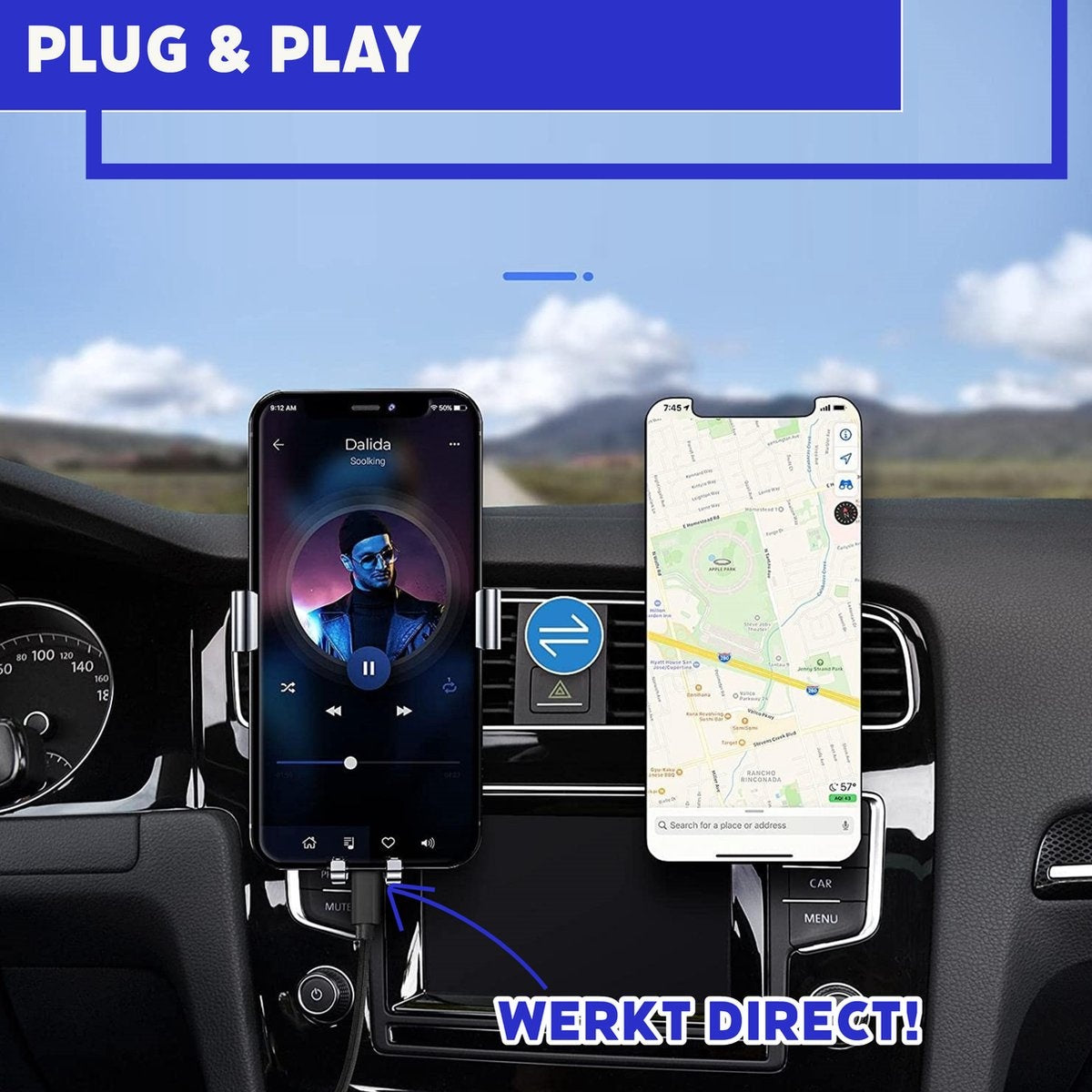 Twee smartphones in een auto: één met muziek, de ander met een kaart. Teksten 'PLUG & PLAY' en 'WERKT DIRECT!' zijn zichtbaar.