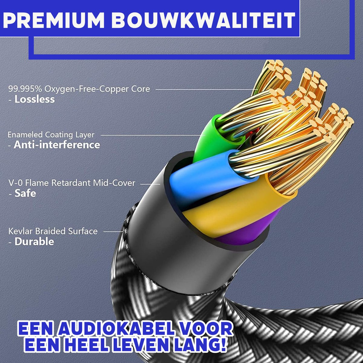 Close-up van een kleurrijke audiokabel met tekstlabels. De kabel heeft koperen kernen, groene, blauwe, gele en paarse lagen. Tekst zegt 'Premium Bouwkwaliteit'.