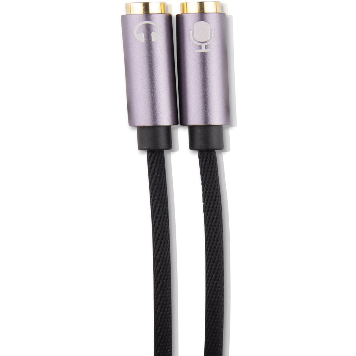 Twee audio connectoren, met gouden punten, paarse cilinders en zwarte kabels, tegen een witte achtergrond. Eén heeft een koptelefoon icoon.