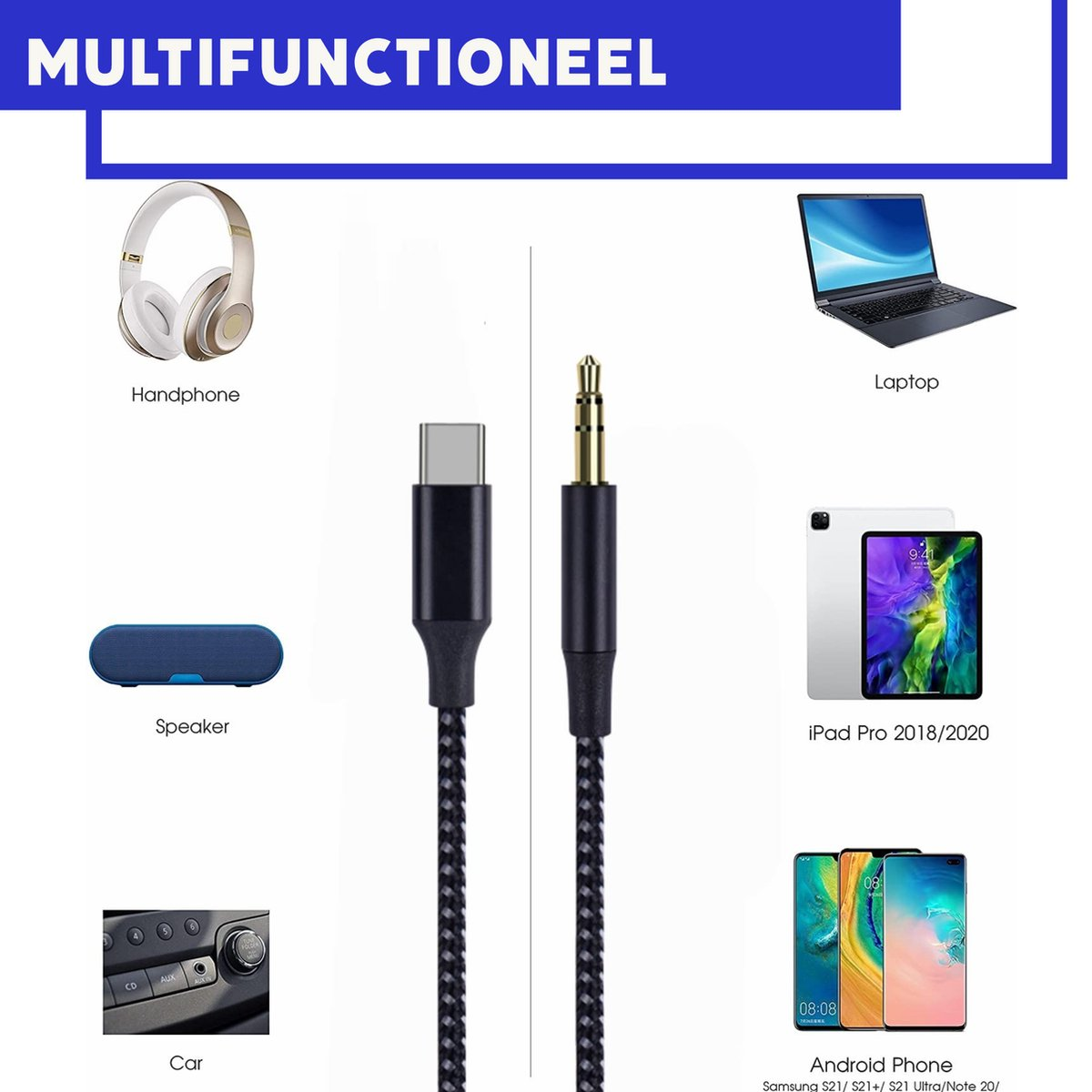 Afbeelding toont diverse elektronische apparaten: koptelefoon, luidspreker, laptop, tablet, telefoon en autoradio. Kabels staan in het midden.