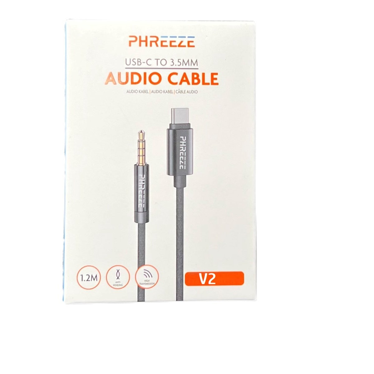 Een witte doos met een USB-C naar 3,5 mm audiokabel. De tekst "PHREEZE" en "AUDIO CABLE" staat op de voorkant.