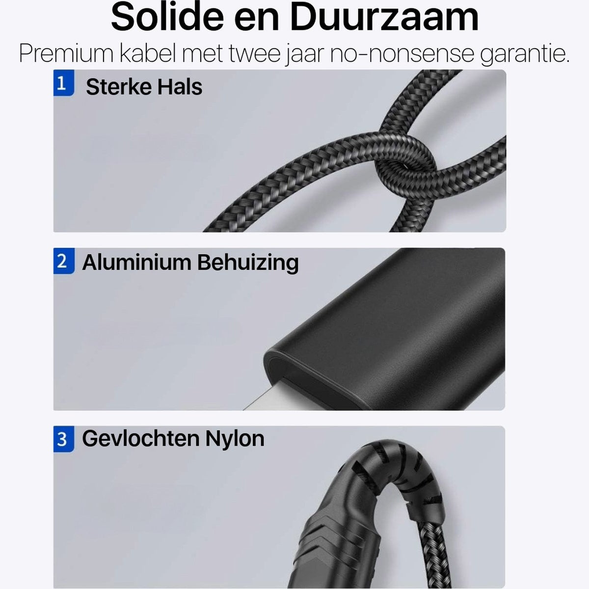 Image showcases a durable cable with three detailed sections: strong neck, aluminum housing, and braided nylon, highlighting its premium build.
