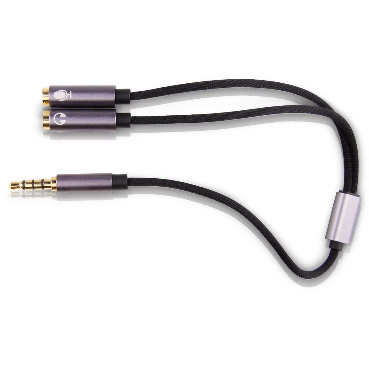 Een koptelefoonsplitter met twee vrouwelijke en één mannelijke audio connector. Zwarte kabel en zilver/paarse metalen uiteinden.
