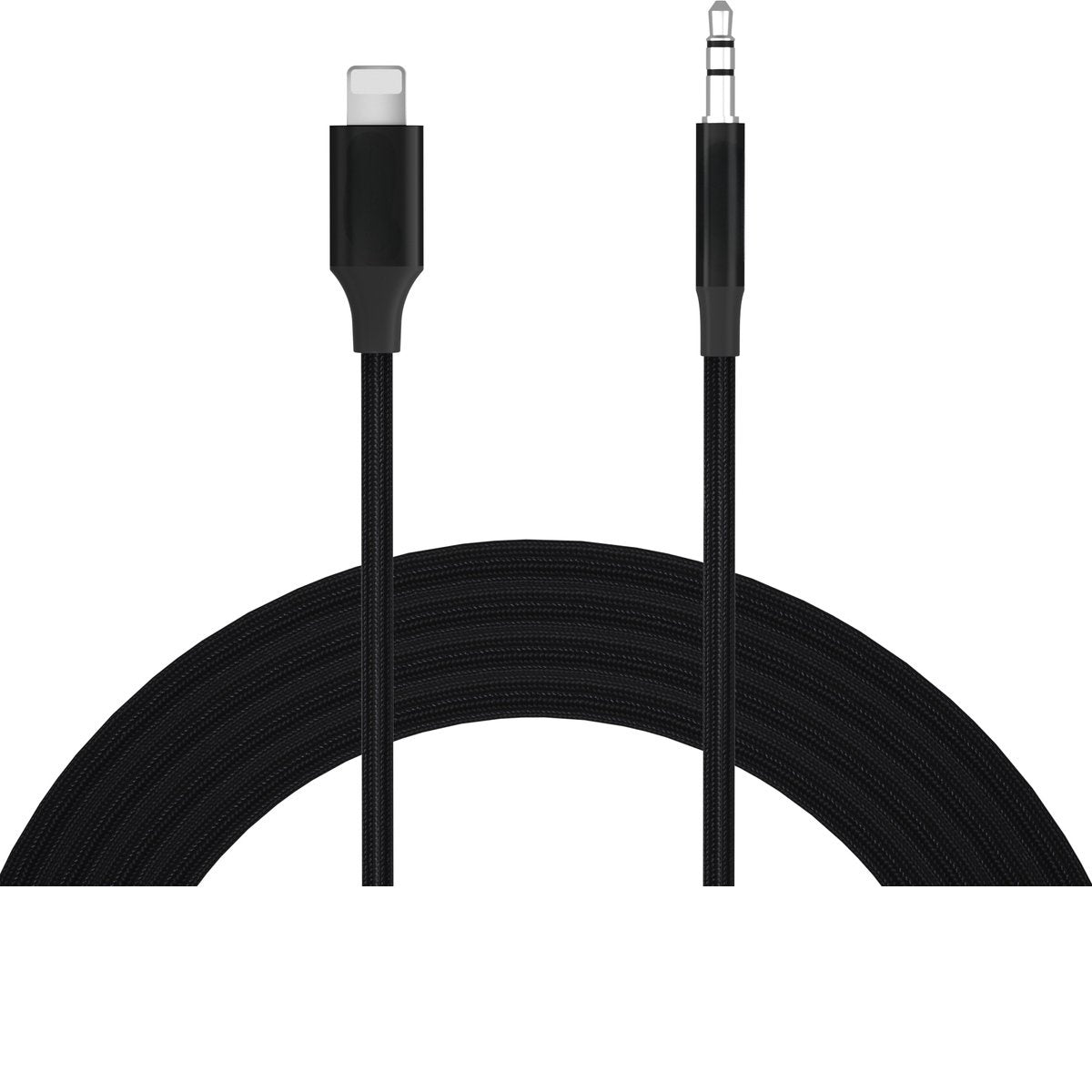 Black charging cable with a lightning connector and a 3.5mm audio jack. The cable is fabric braided, and the background is plain white.