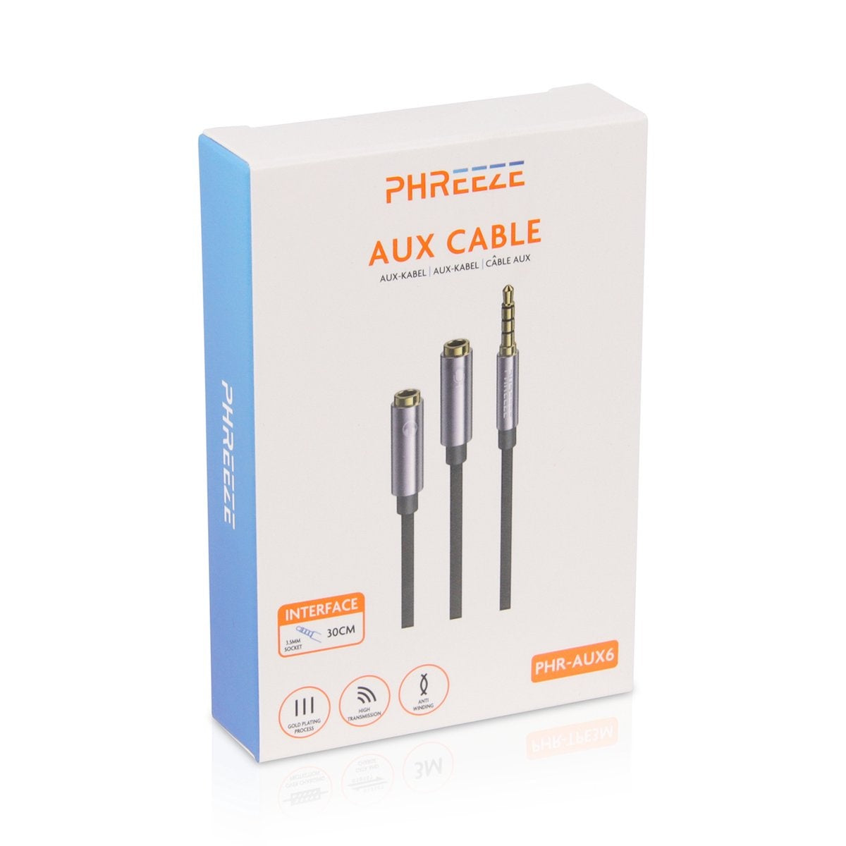 Een witte doos met 'PHREEZE AUX CABLE' erop gedrukt. Er worden drie audiokabels weergegeven. De doos heeft blauwe en oranje details.