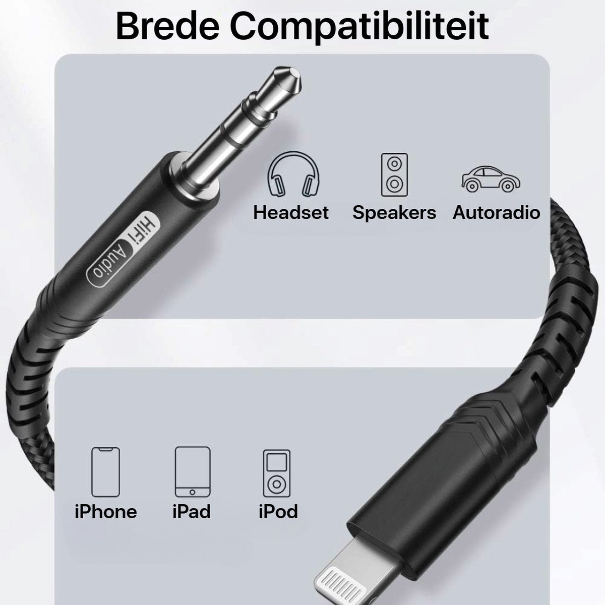 Black audio cable with 3.5mm jack and lightning connector, compatible with iPhone, iPad, iPod, headphones, speakers, and car radio.