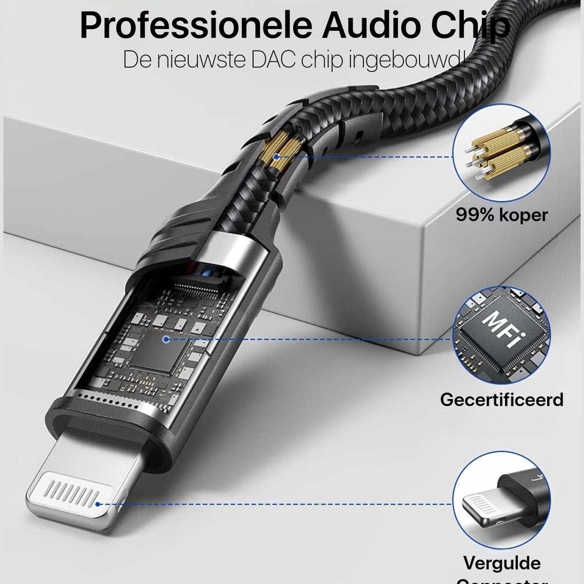 A black audio cable with exposed internal components, including a chip and copper wires, labeled with text in Dutch.