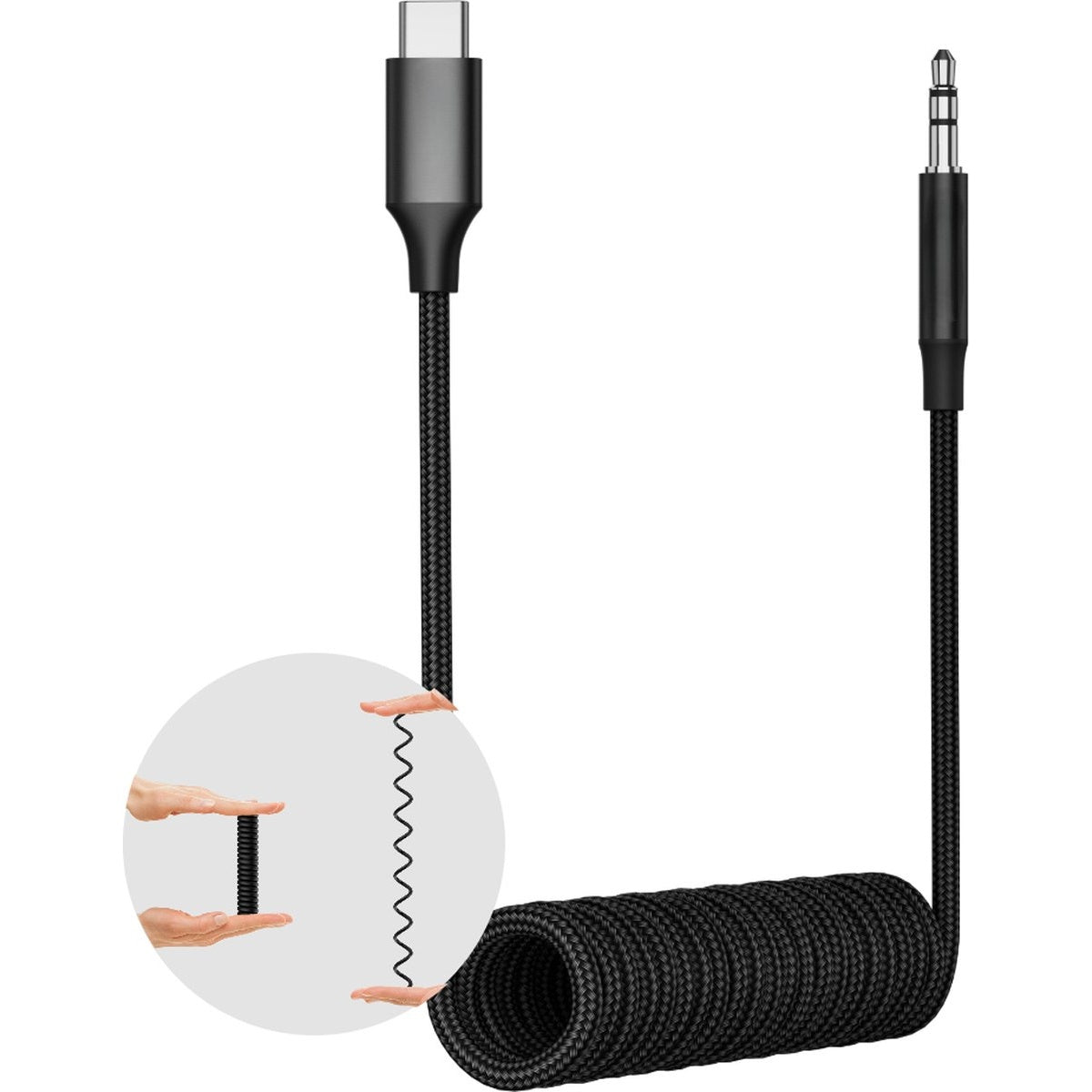 Zwarte opgerolde USB-C- en aux-kabel. Toont een hand die de kabel vasthoudt, en een diagram van zijn opgerolde en uitgerekte vorm.