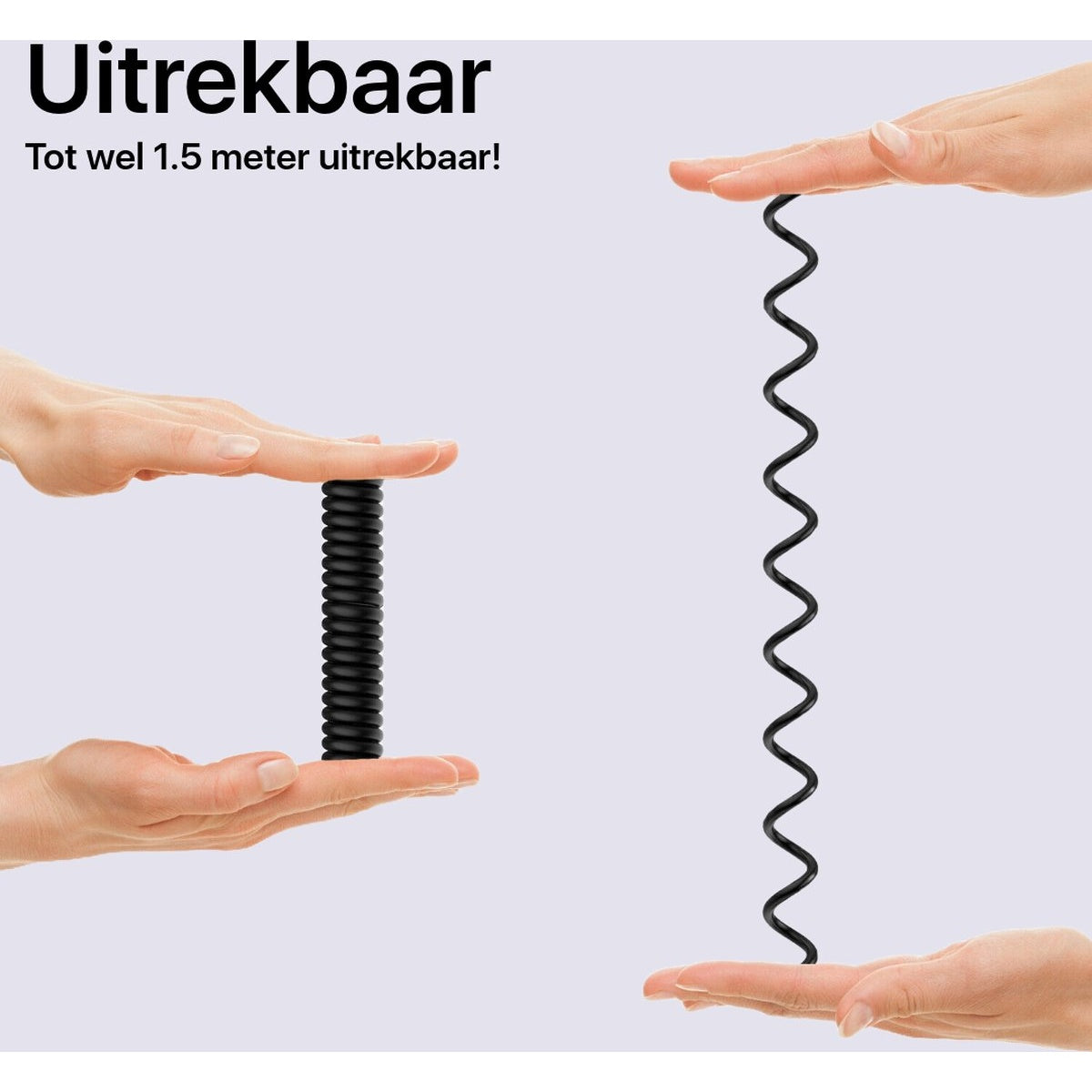 Handen rekken een zwart, opgerold snoer uit. De tekst zegt: 'Uitrekbaar' (uitrekbaar) tot 1,5 meter. Het snoer is uitgerekt getoond.
