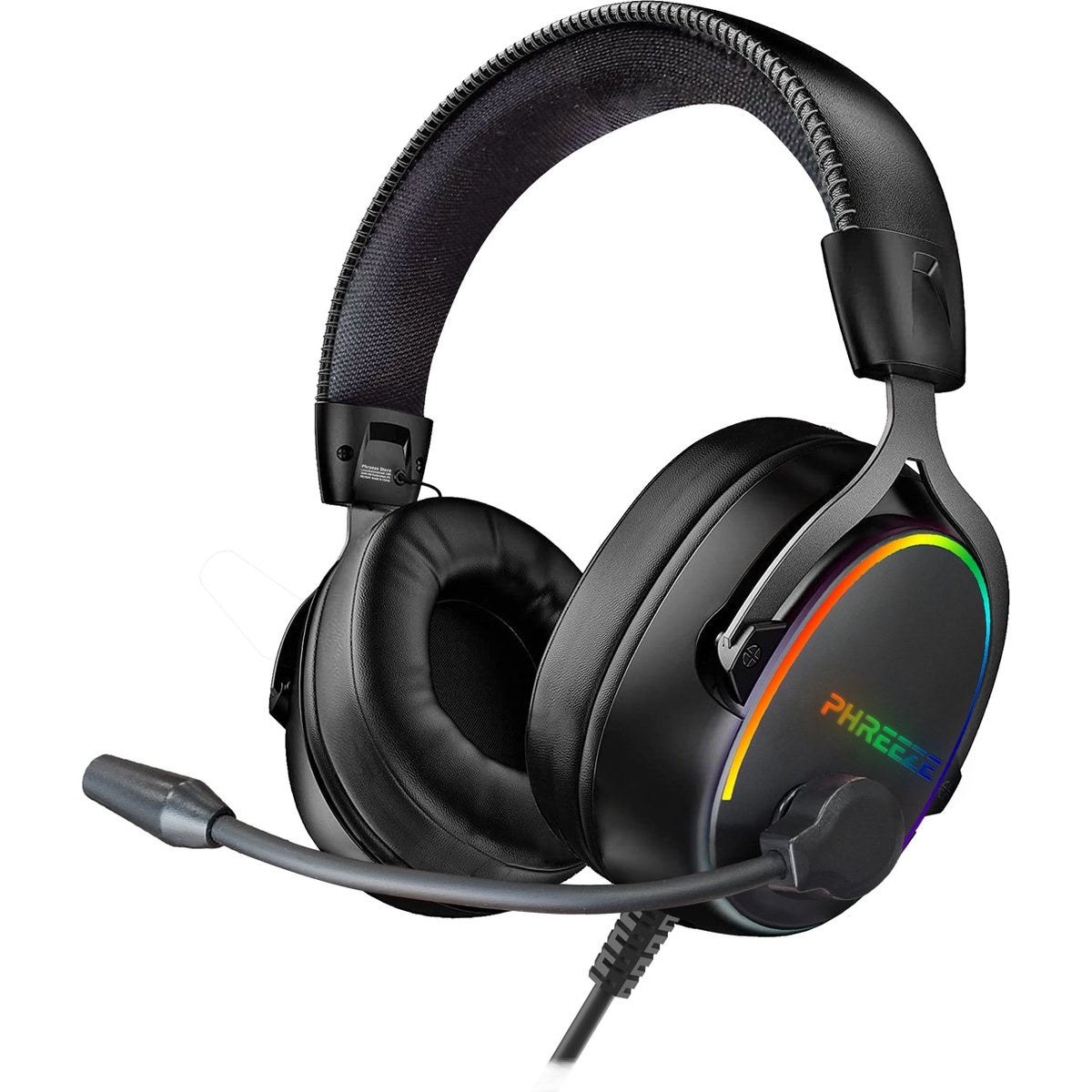 Zwarte gamingheadset met microfoon. Voorzien van oorschelpen, hoofdband en een kleurrijk logo. Kabel bevestigd.