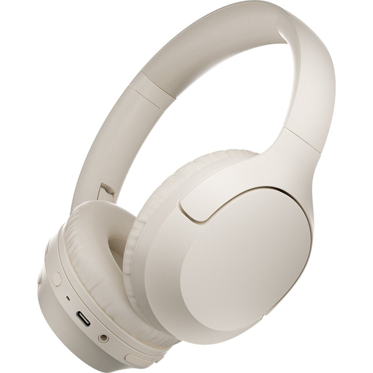 Een paar gebroken witte hoofdtelefoons. De oorschelpen zijn rond en de hoofdband buigt over de bovenkant. Een USB-poort is zichtbaar.