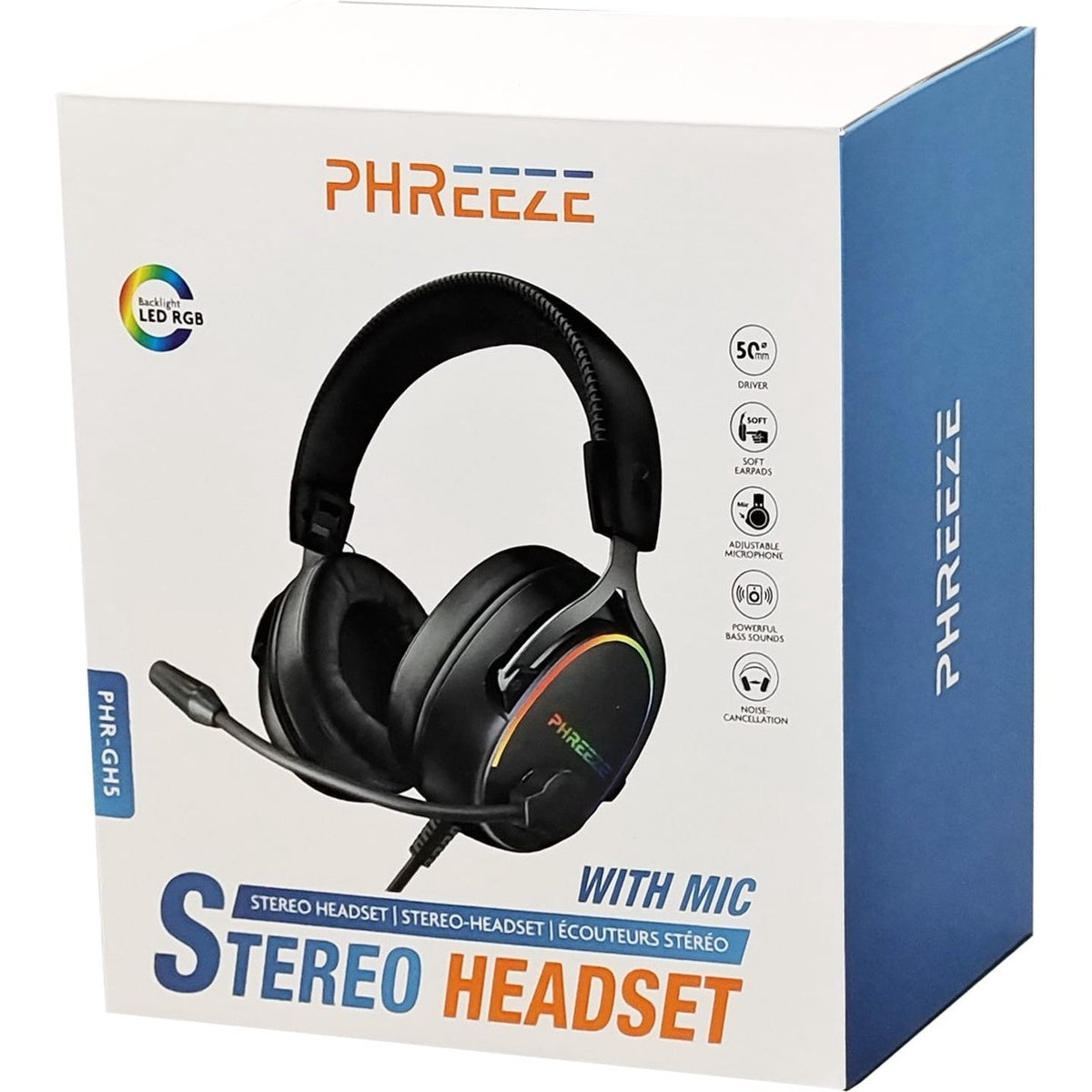 Een doos met een zwarte stereo headset met microfoon. De doos is wit en blauw, met de merknaam "PHREEZE".