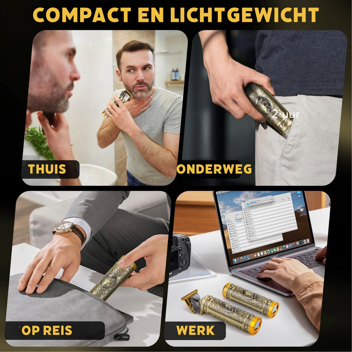 Image shows a man shaving, a razor in pocket, in a case, and on a table with a laptop. The text says 'compact and lightweight'.