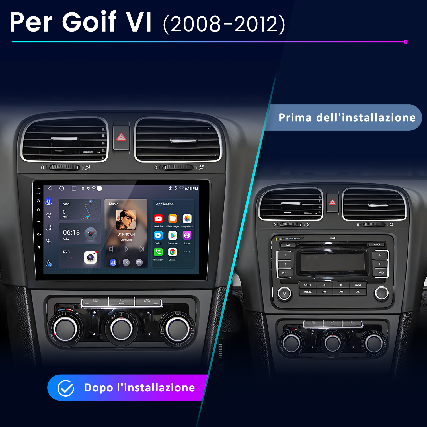 Confronto del cruscotto di un'auto prima e dopo l'installazione di un nuovo sistema di infotainment, mostrando diverse interfacce.