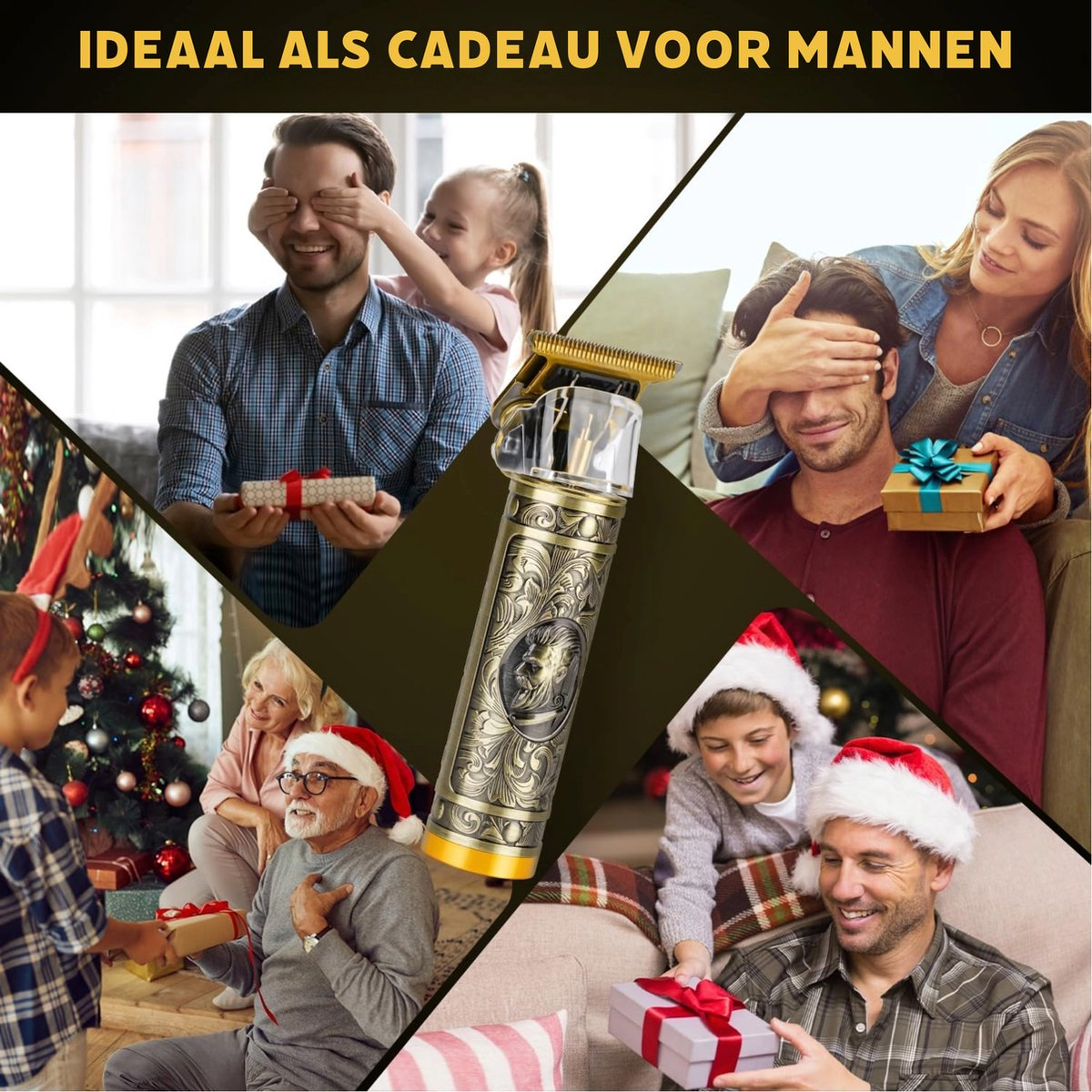 Image shows a clipper with scenes of people giving gifts. A Christmas tree and Santa hats are visible, suggesting a gift-giving context.