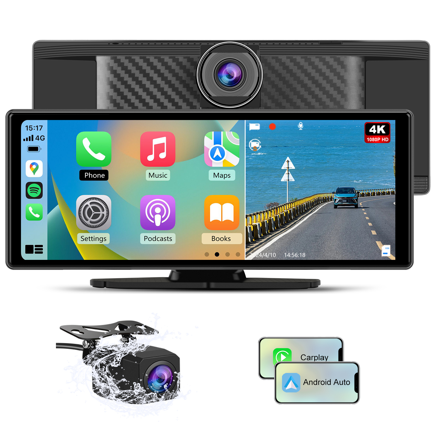 Uno schermo per auto che mostra app come telefono, musica e mappe. Una telecamera posteriore e un display con CarPlay e Android Auto.