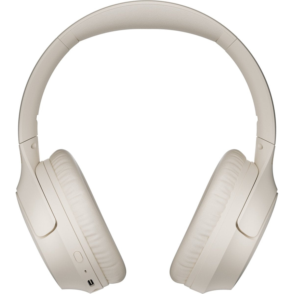 Beige over-ear koptelefoon. De hoofdband buigt omhoog en verbindt met oorschelpen met zachte, gewatteerde kussens. Een USB-poort is zichtbaar.