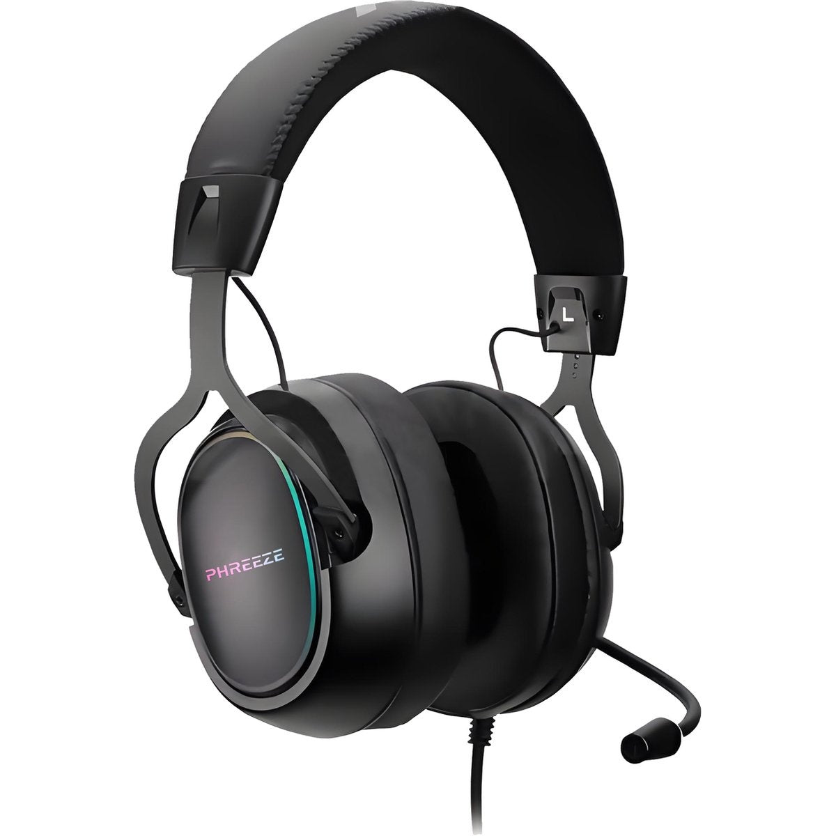 Zwarte gamingheadset met microfoon, merk 'PHREEZE'. Hoofdband en oorschelpen zijn groot. Een kabel en een microfoon zijn zichtbaar.