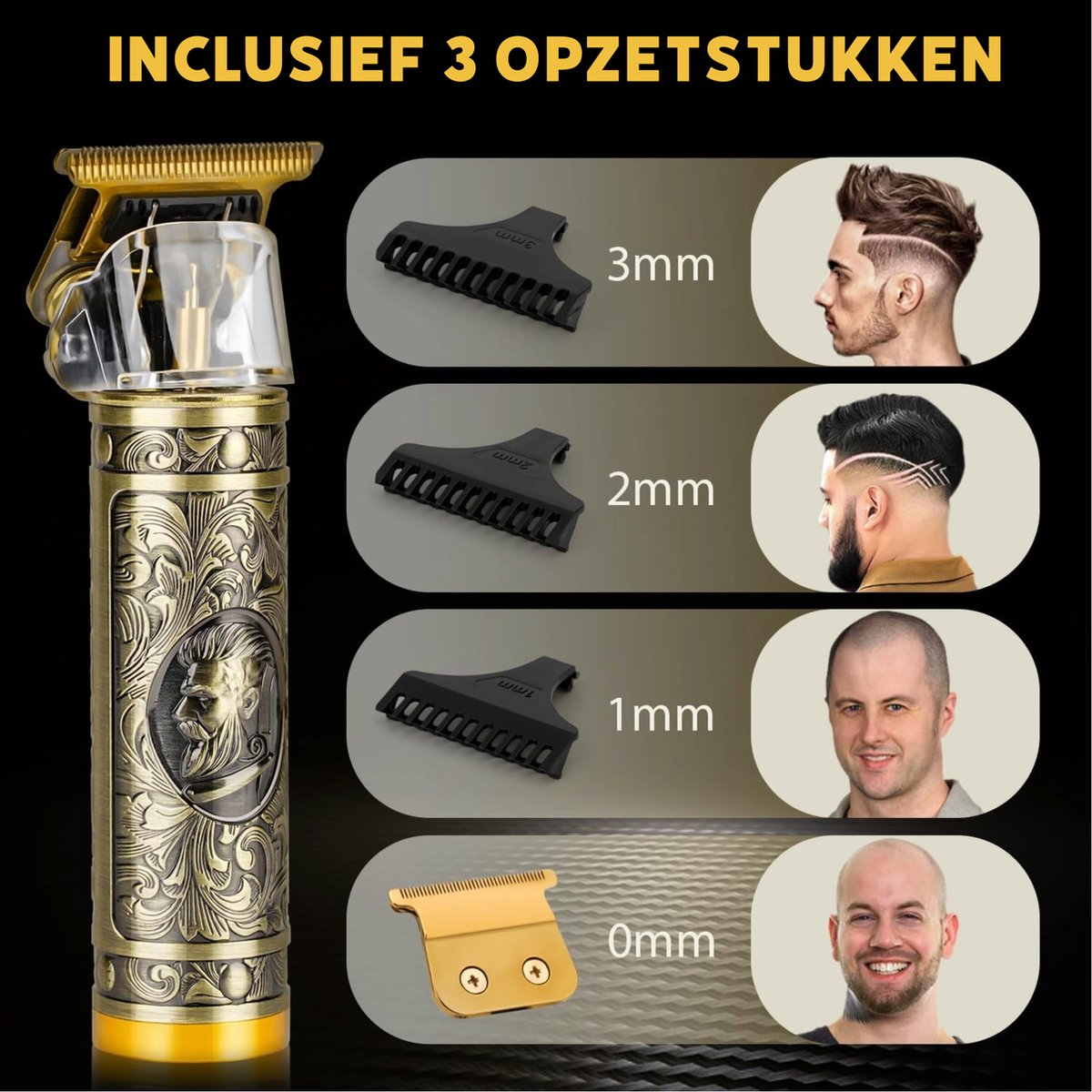A hair clipper with 3 attachments, showing example haircuts and lengths: 3mm, 2mm, 1mm, and 0mm. Product and examples.