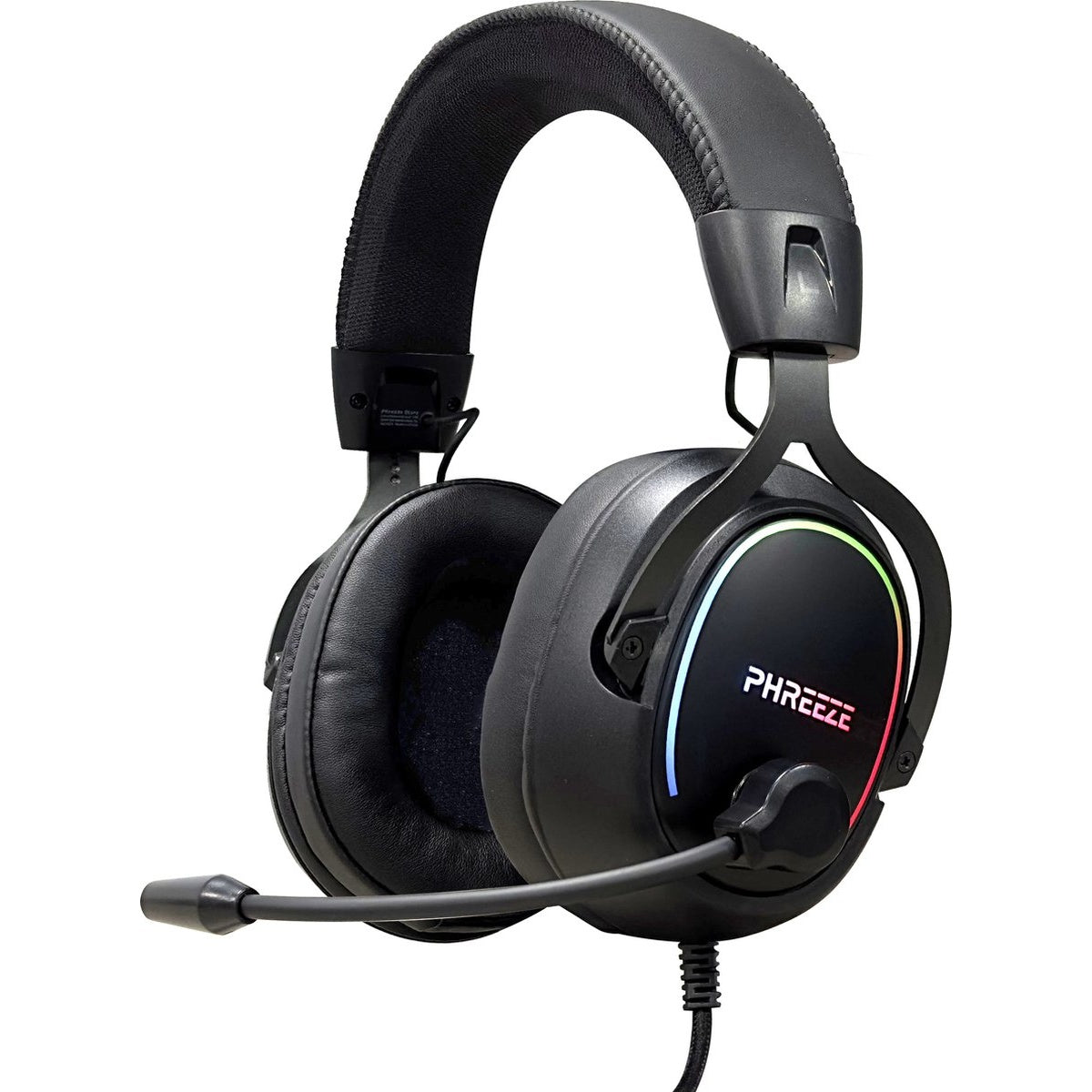 Zwarte gaming headset met microfoon. De oorschelpen hebben RGB-verlichting. De merknaam 'PHREEZE' is zichtbaar.