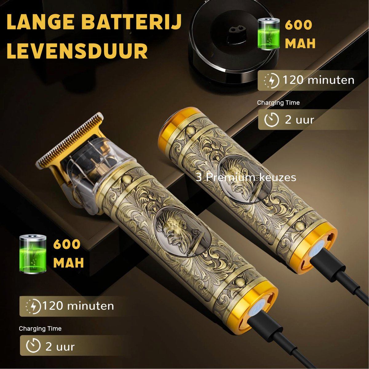 Two gold and bronze hair clippers with charging cables. Text includes battery life, charging time, and 600 mAh.