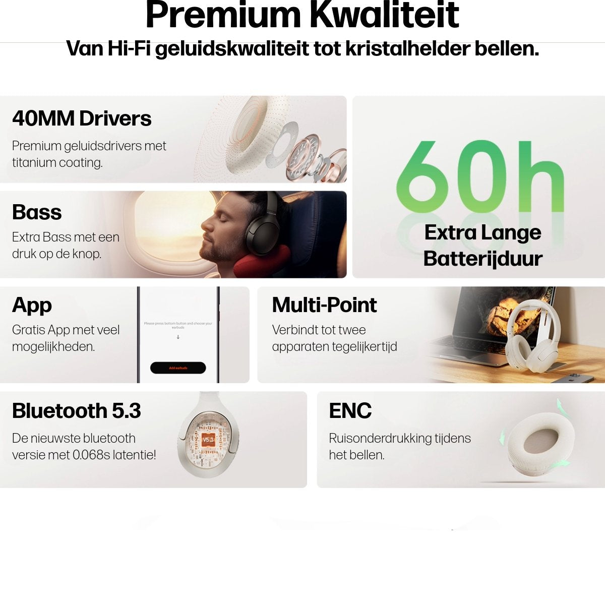Een advertentie voor koptelefoons met functies als 40mm drivers, 60h batterij en multi-point connectiviteit, in het Nederlands.