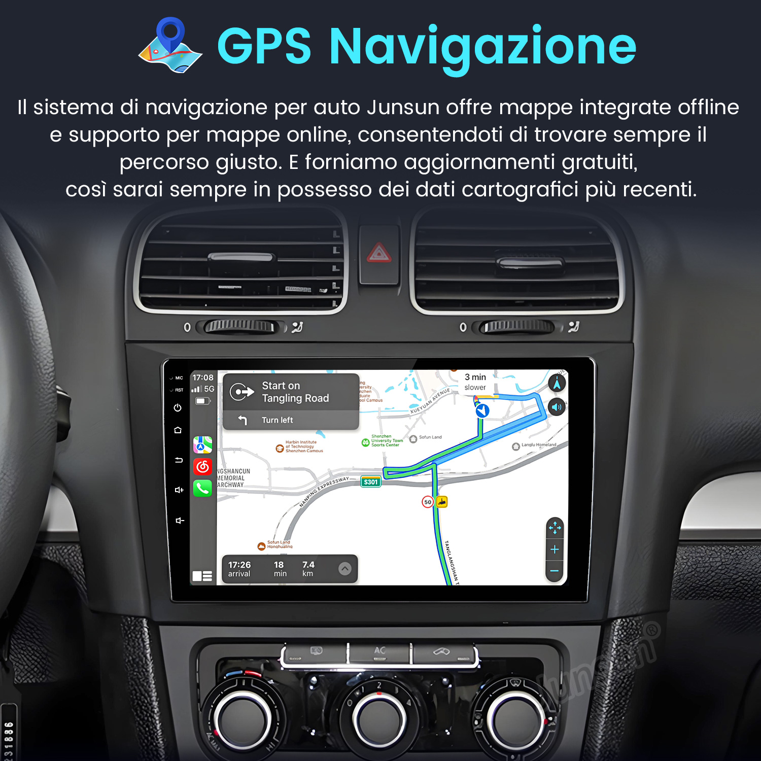 Cruscotto auto con navigazione GPS che mostra un percorso. Lo schermo mostra una mappa e le indicazioni.