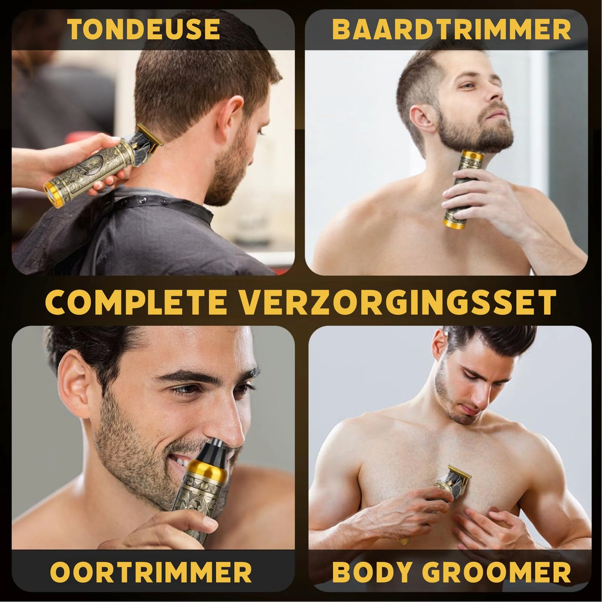 Image shows a complete grooming set. Includes hair clipper, beard trimmer, nose trimmer, and body groomer. Men are using the tools.