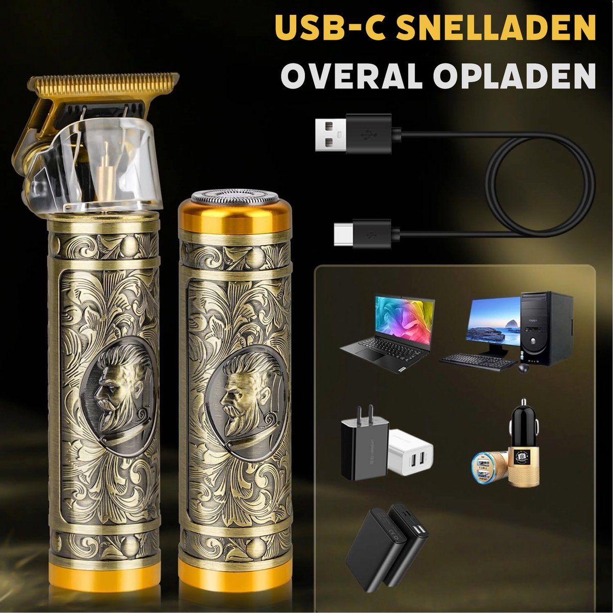 Two ornate electric shavers with USB-C charging, various charging accessories, and a laptop and desktop computer, against a black background.