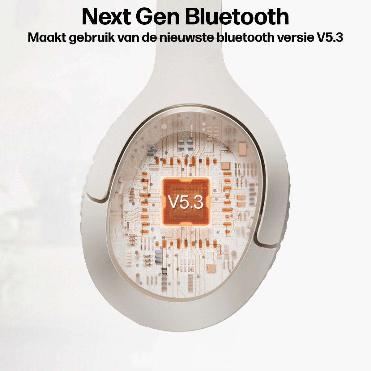 Witte koptelefoon met zichtbare printplaat, met 'V5.3'. Tekst: 'Next Gen Bluetooth' en 'Maakt gebruik van de nieuwste bluetooth versie V5.3'.