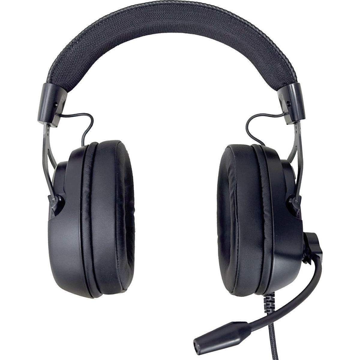 Zwarte headset met microfoon, gevoerde oorschelpen en hoofdband, tegen een witte achtergrond.