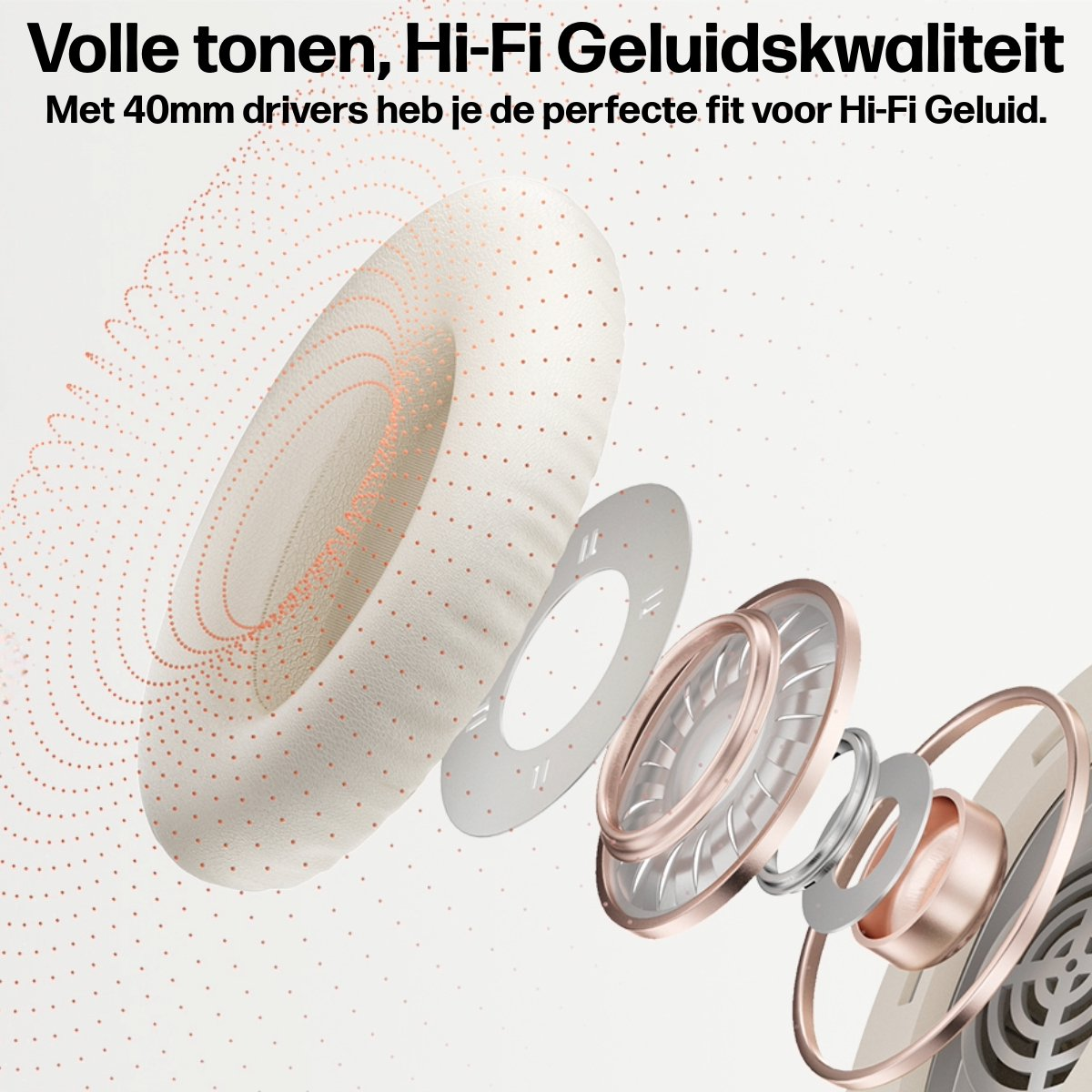 Een ontploft diagram van een koptelefoon, met interne componenten. Boven staat: 'Volle tonen, Hi-Fi Geluidskwaliteit'.